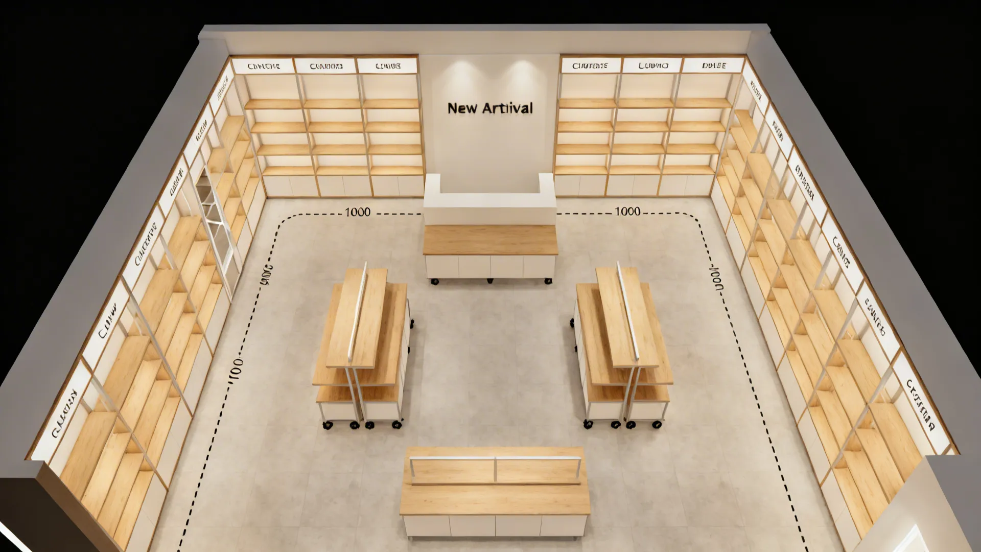 Interior design drawing of retail store layout with wooden shelves and tables showing floor measurements