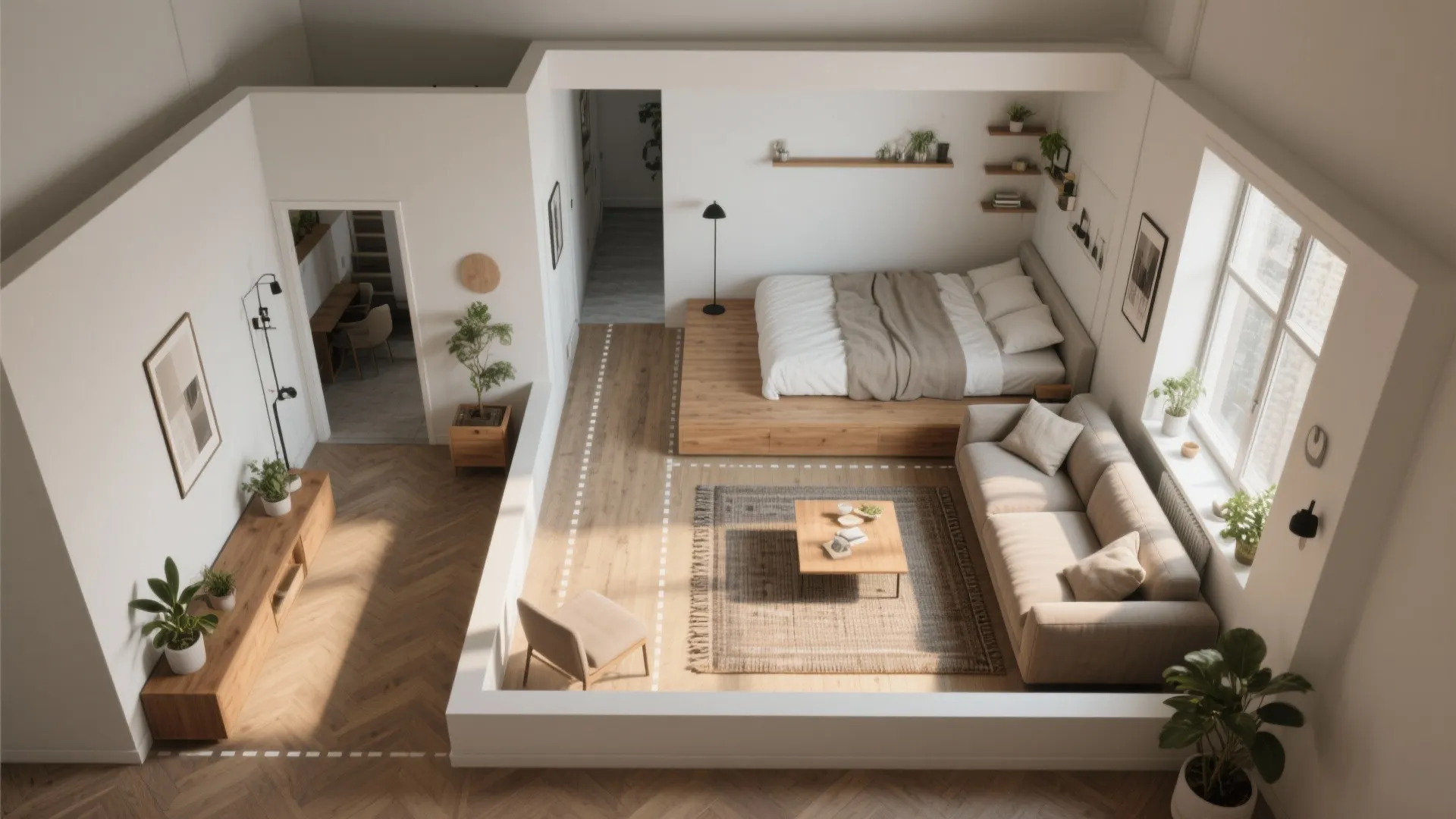 Top view interior design drawing of a studio apartment with wood floor and white walls