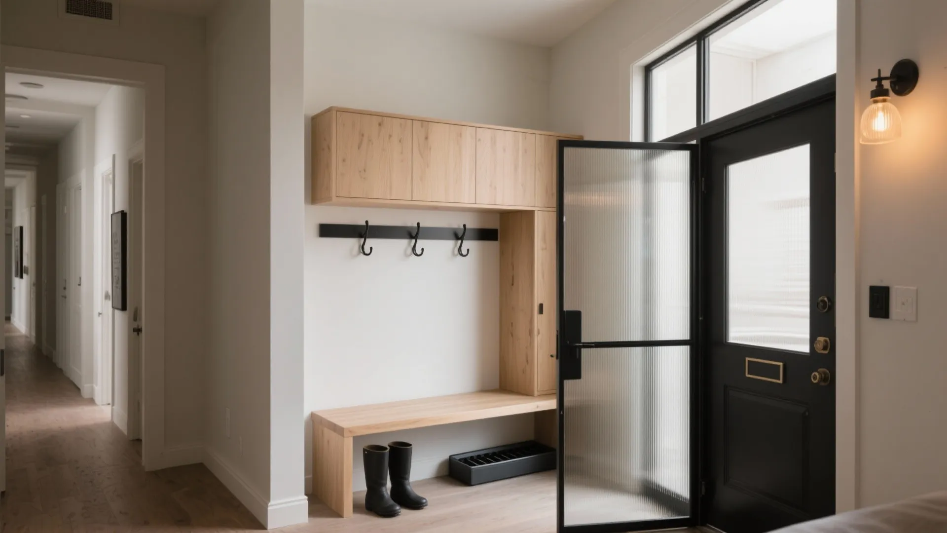 L-shaped foyer and micro-mudroom zoning