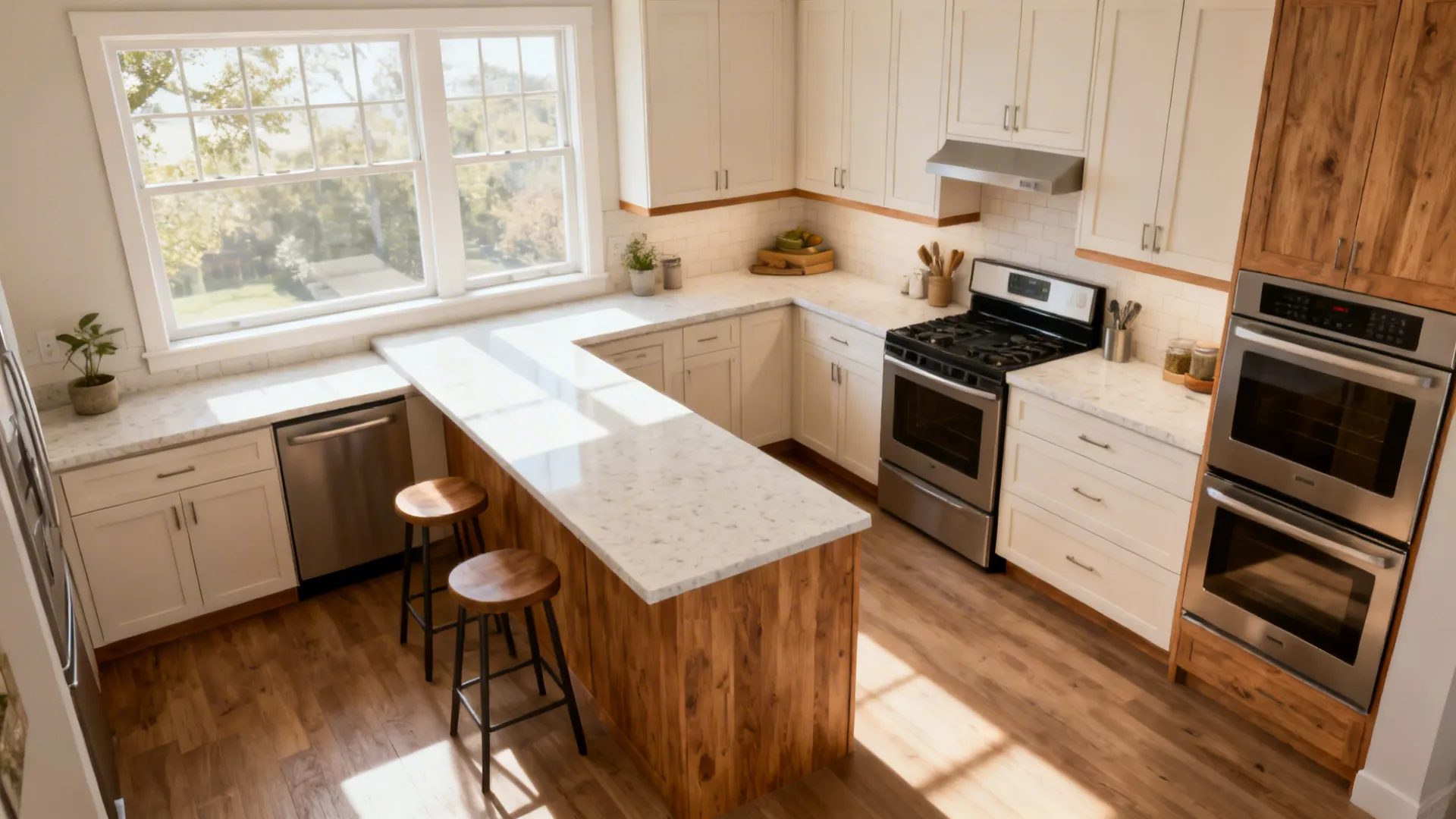 Hybrid galley kitchen with a slim peninsula creating extra countertop and seating while keeping a clear aisle.