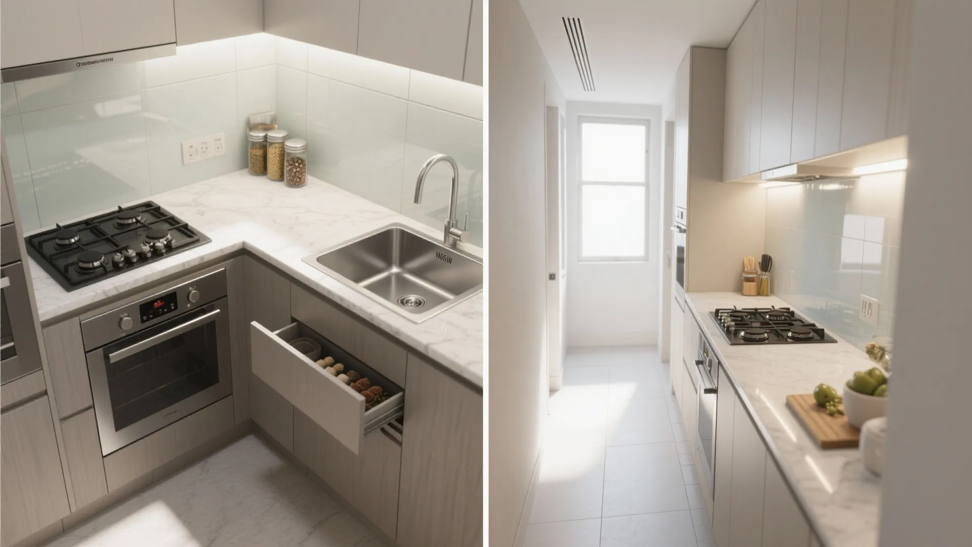 Modern small galley kitchen interior design showing white marble countertop oven sink and wooden storage drawer
