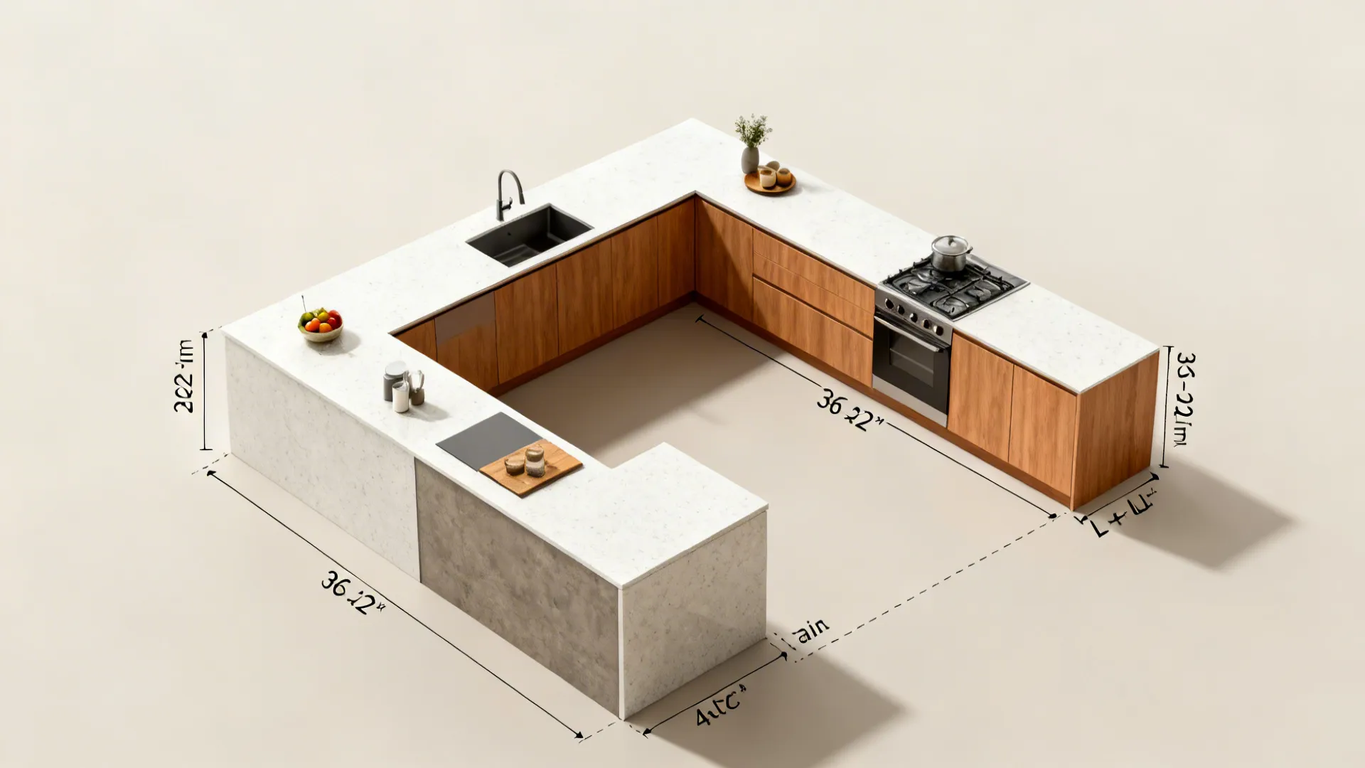 Top-down view of an L-plus-galley kitchen showing clear 36–42 inch aisle and efficient zones.