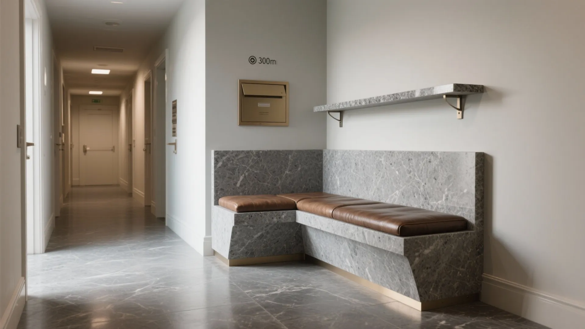 L-shaped hall with seating and storage moments