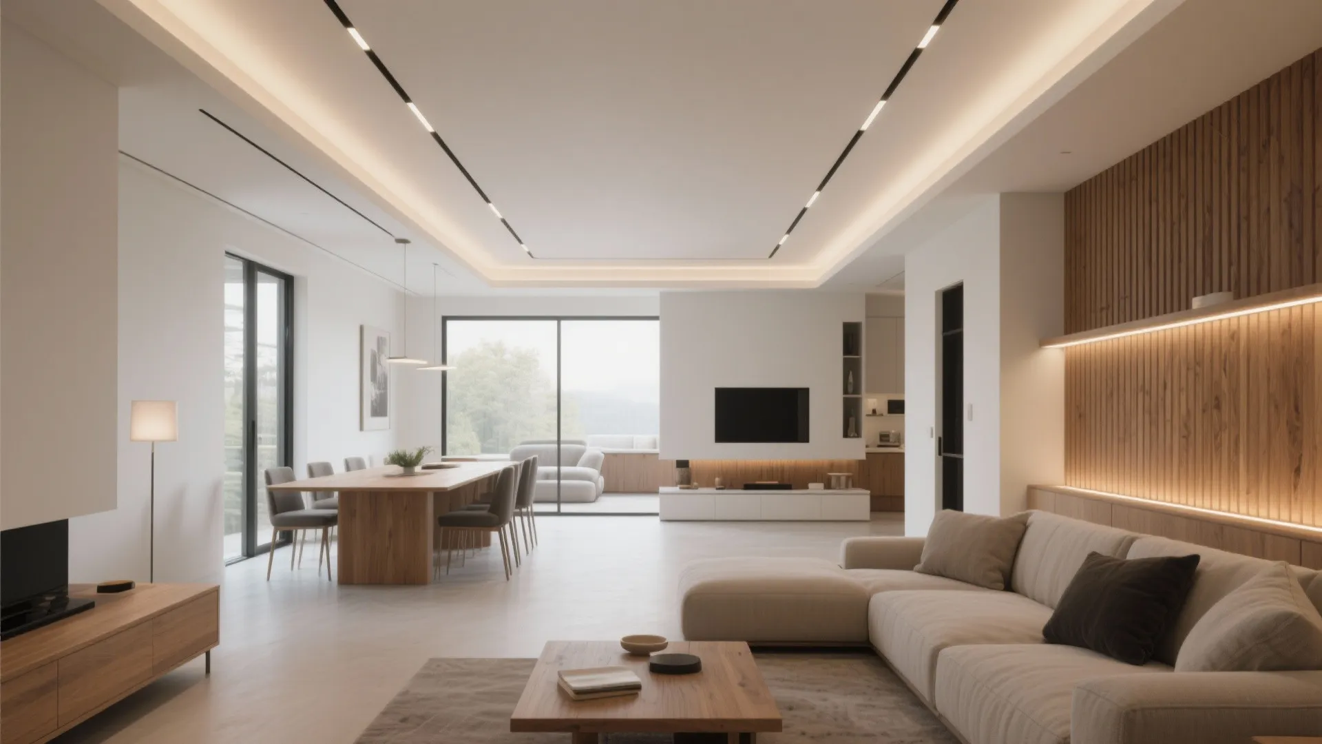 Modern open plan living room with white sofa wooden dining table recessed lights and wood wall