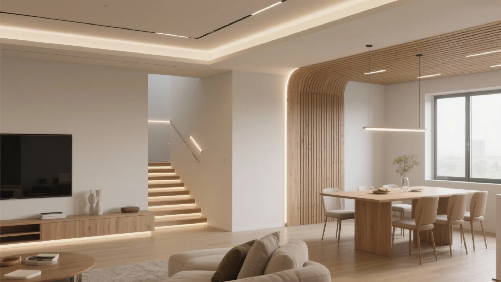 Open plan living area with wooden wall panel, dining table, stairs, and warm hidden lighting