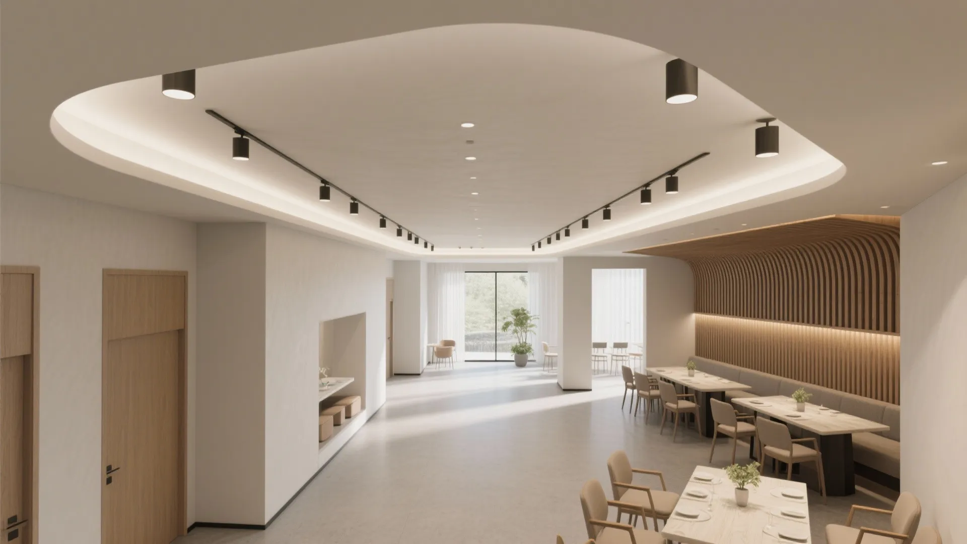 Modern dining room with long tables chairs wooden wall panel and track lights on ceiling