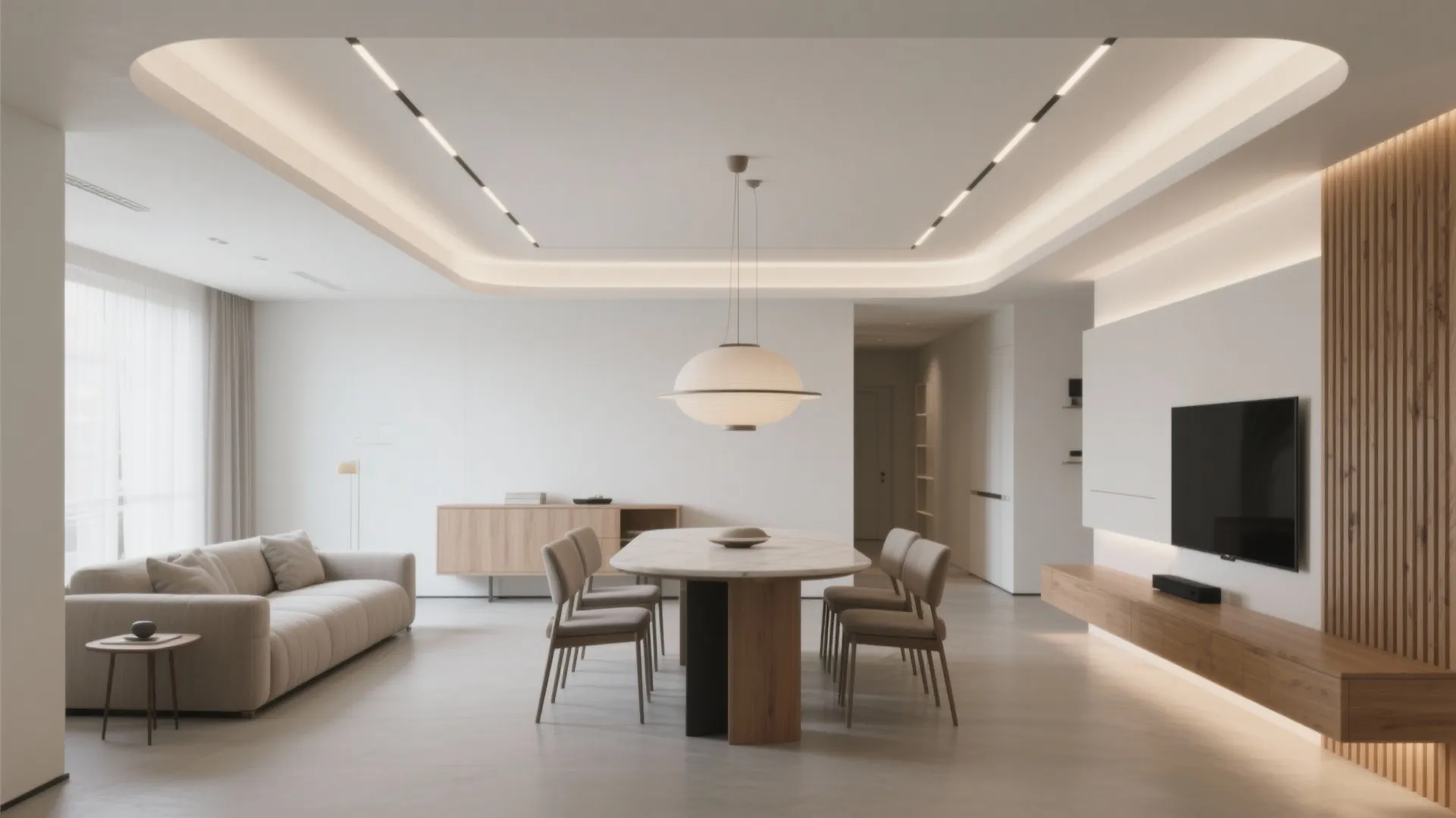 Minimalist dining area with oval table chairs sofa television on wall panel and ceiling light