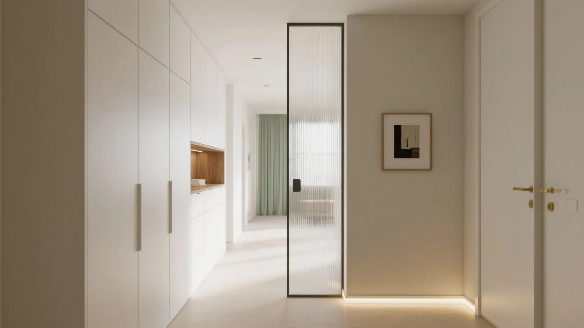 Modern white hallway with storage cabinets glass room divider wall picture frame and green curtain