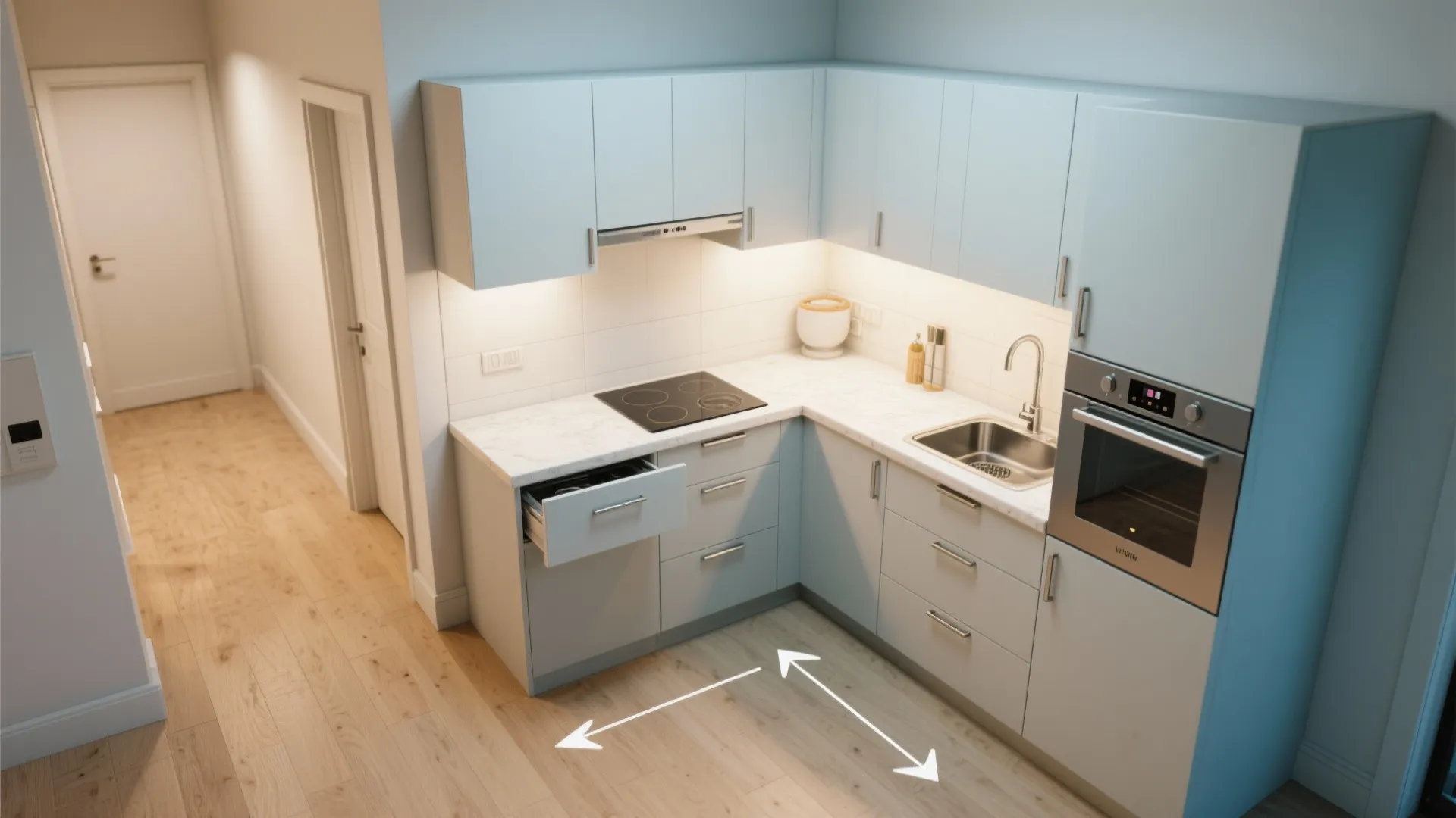 3) L-shaped layout that frees counter space