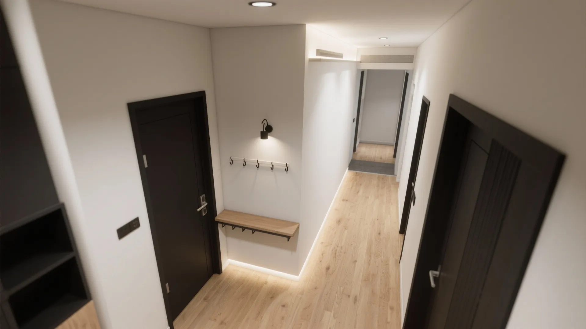 Interior design drawing of hallway with black doors wood flooring wall light and coat hooks