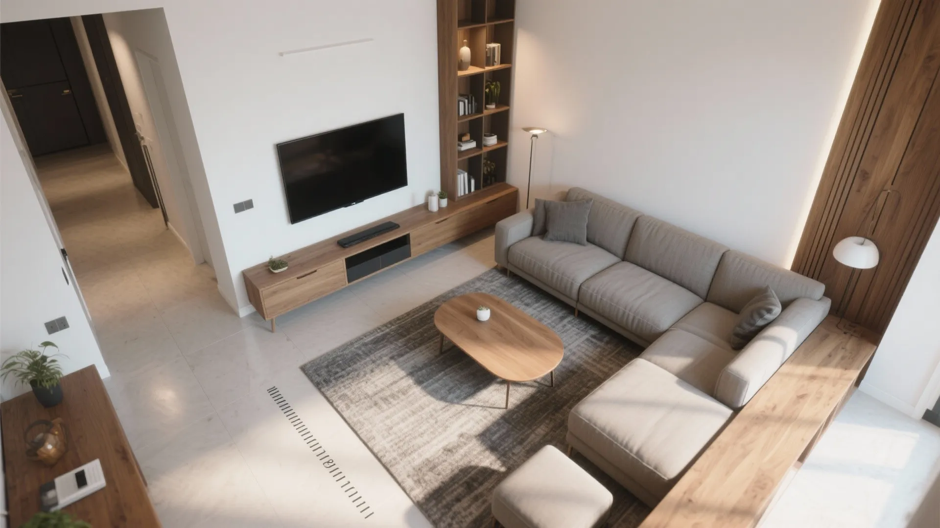Living room interior design drawing with grey sofa wooden coffee table television and wall shelving unit