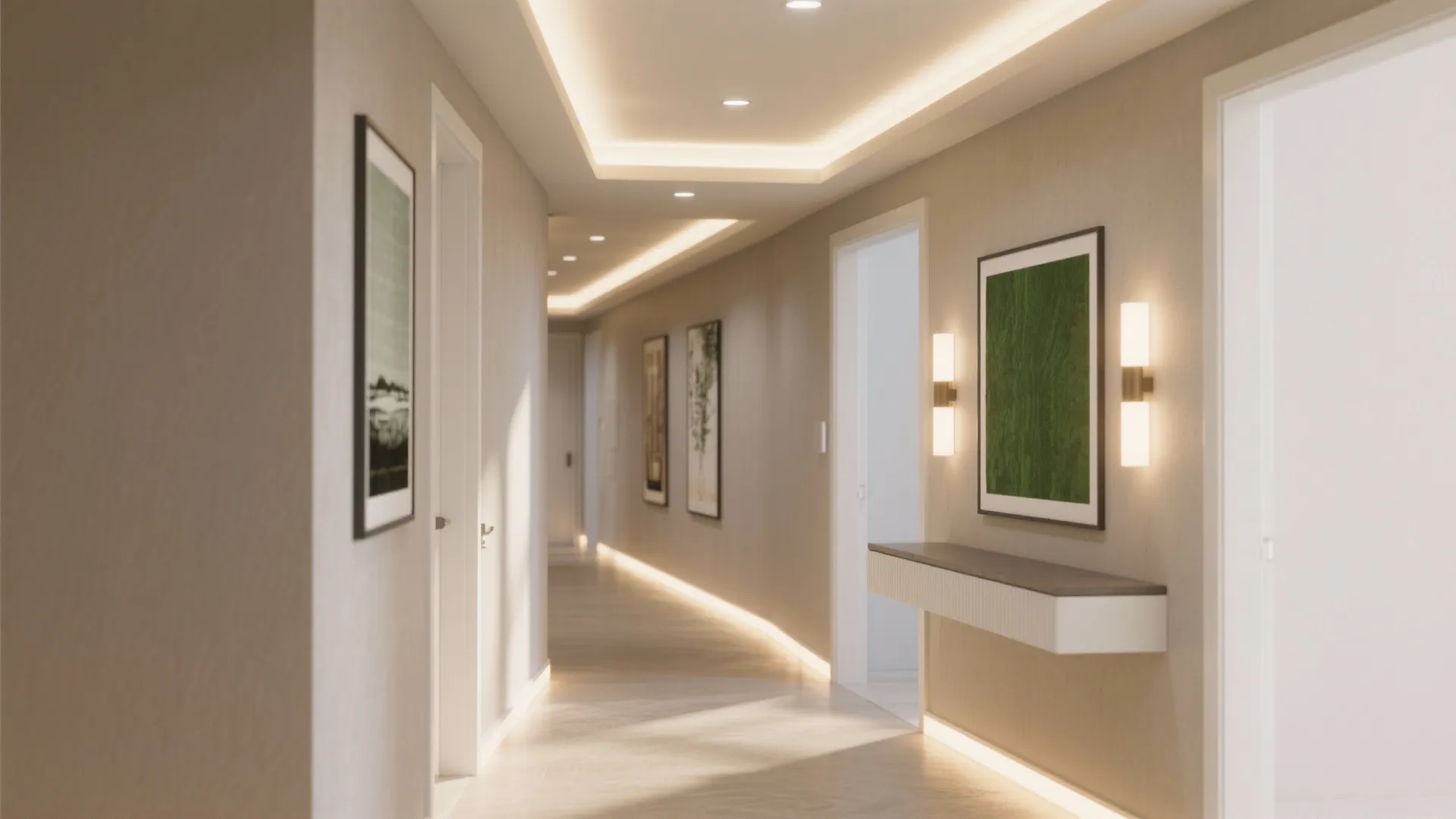 Modern long hallway with warm ceiling lights wall lights art frames and light wood floor