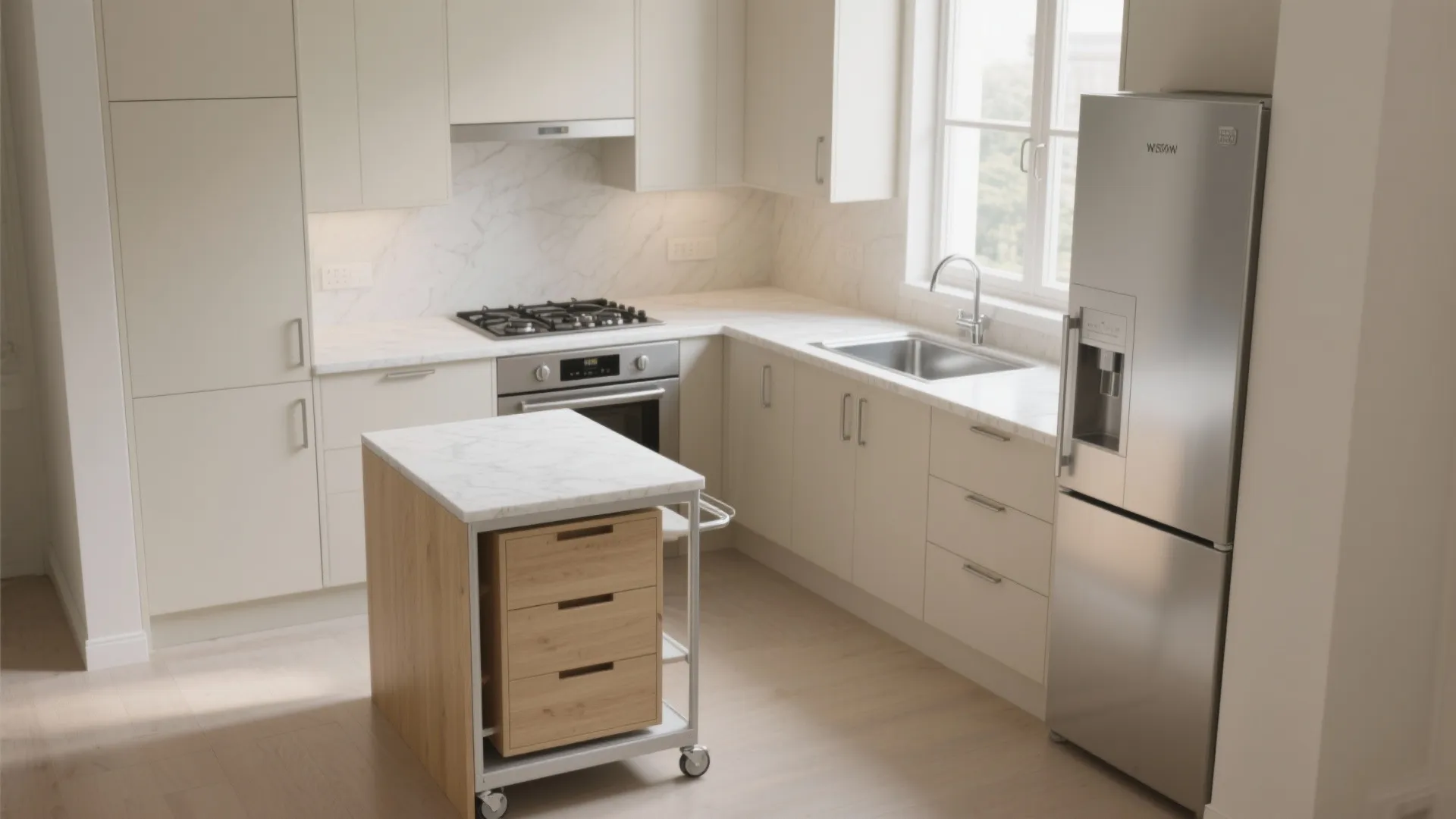 Compact L-Shaped Kitchen With a Mobile Island Cart