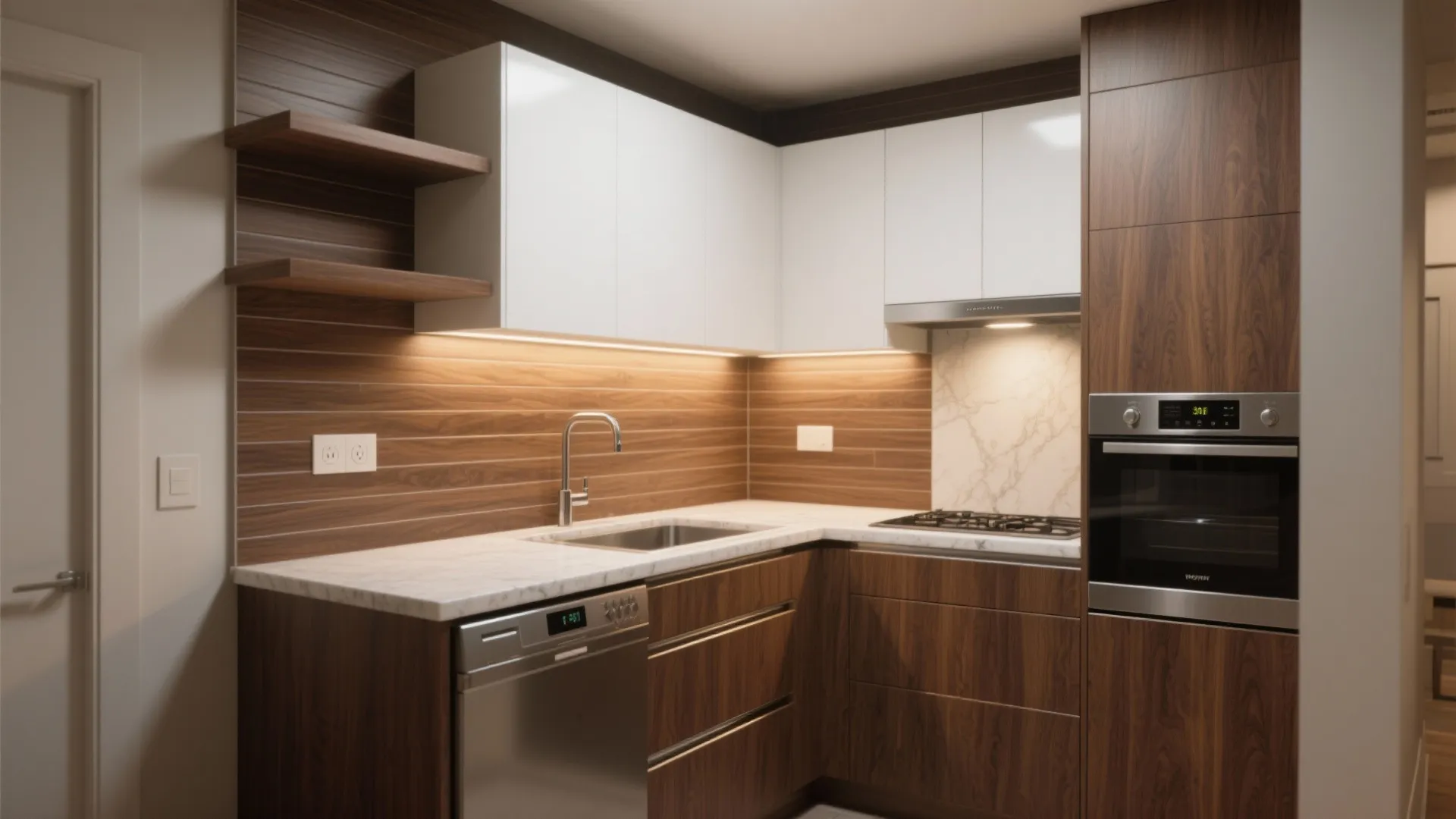 Modern L-shaped kitchen featuring dark wood cabinets white upper storage marble countertops and built-in home appliances