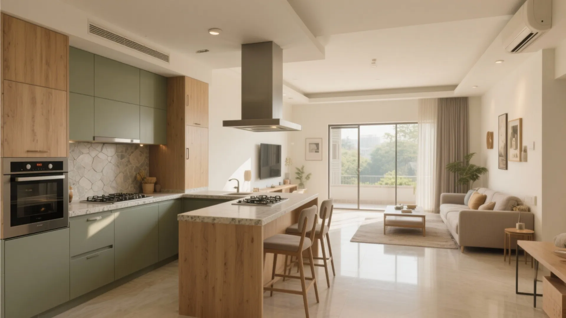 Open L-shaped kitchen with a breakfast counter for flexible living