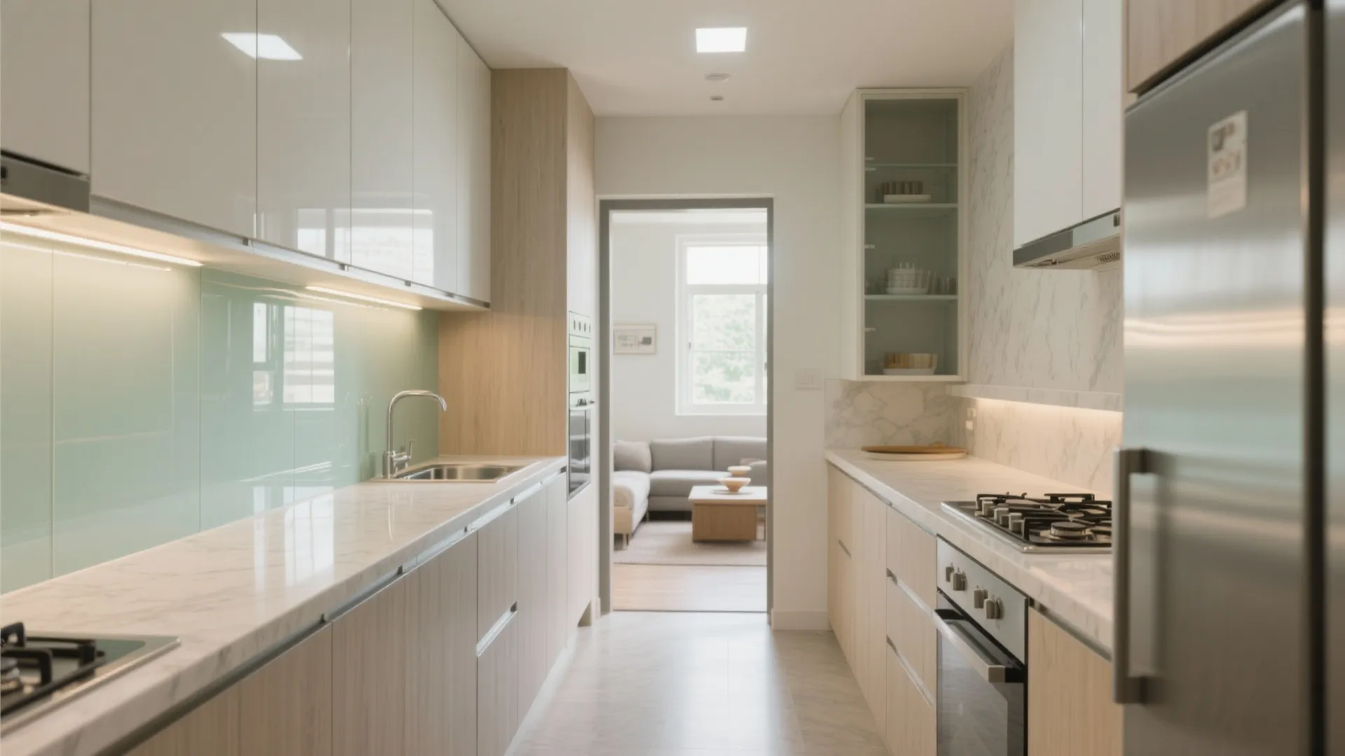 1) L-shaped kitchen with reflective finishes