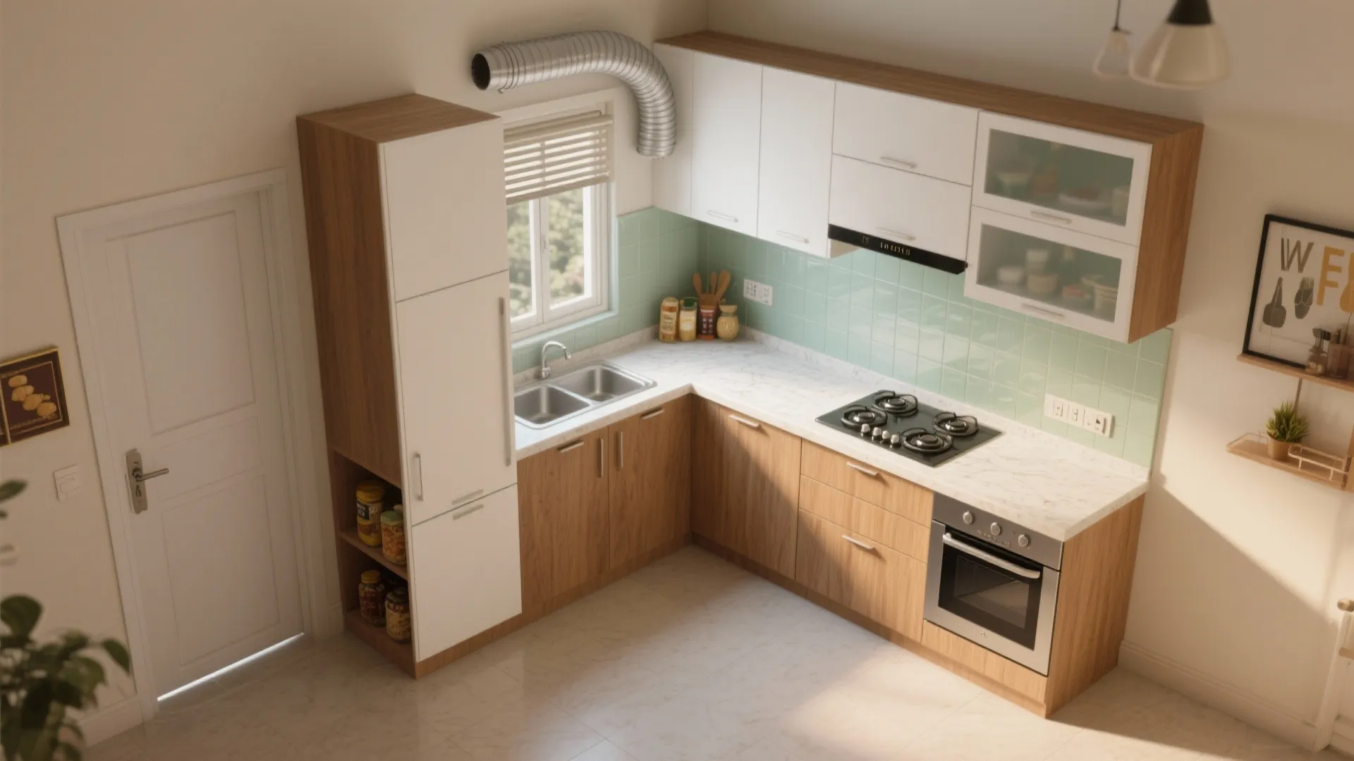 L-Shaped Kitchen and a Slim Tall Unit for Daily Essentials