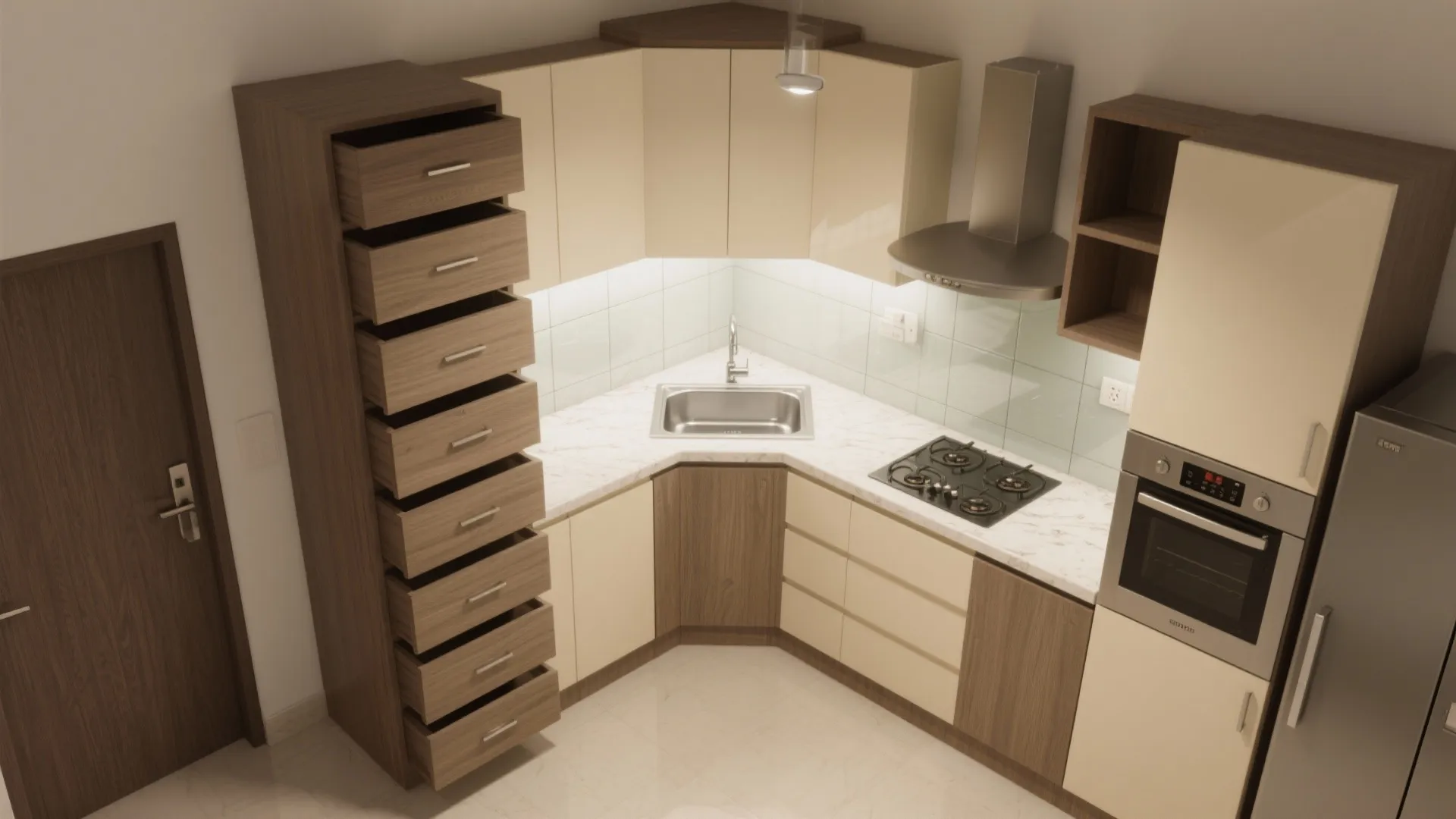 Minimalist Kitchen Storage with an L-Shaped Plan