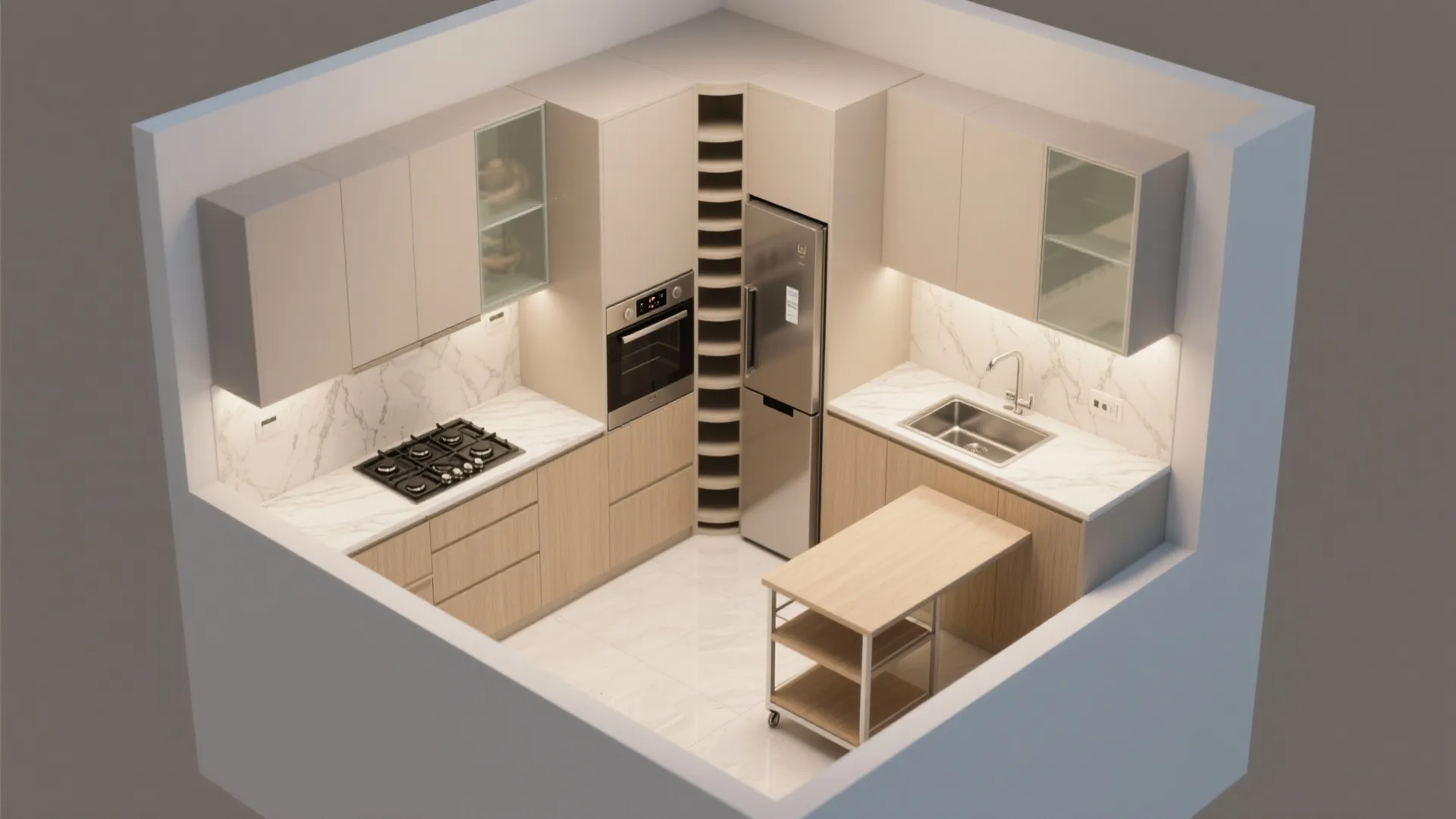 L-shaped Kitchen with Glass and Vertical Storage