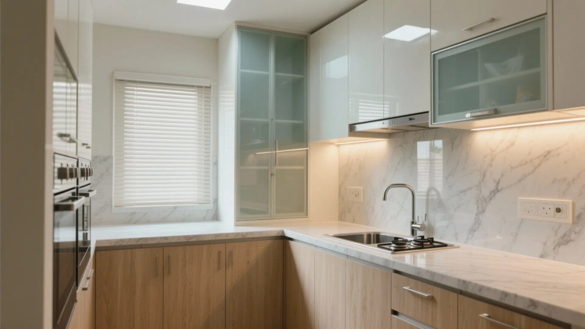 L-shaped Kitchen with Glass and Vertical Storage
