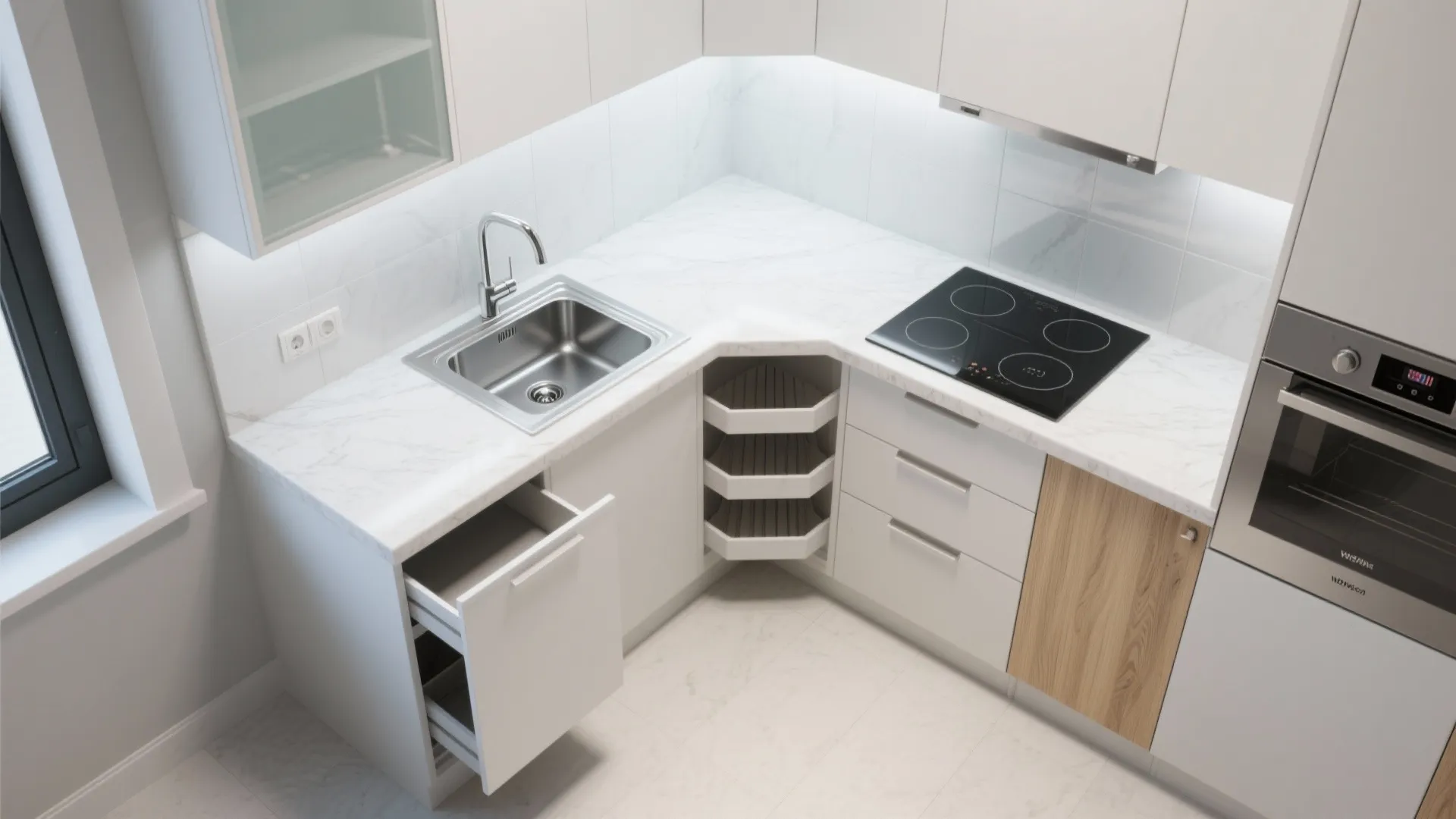 Small corner kitchen layout with white cabinets, marble countertop, stainless steel sink, and black stove