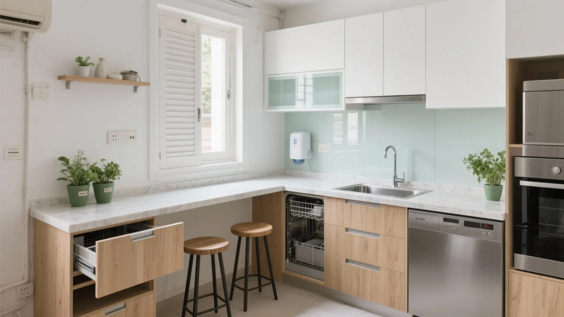 L-shaped small kitchen with a breakfast ledge