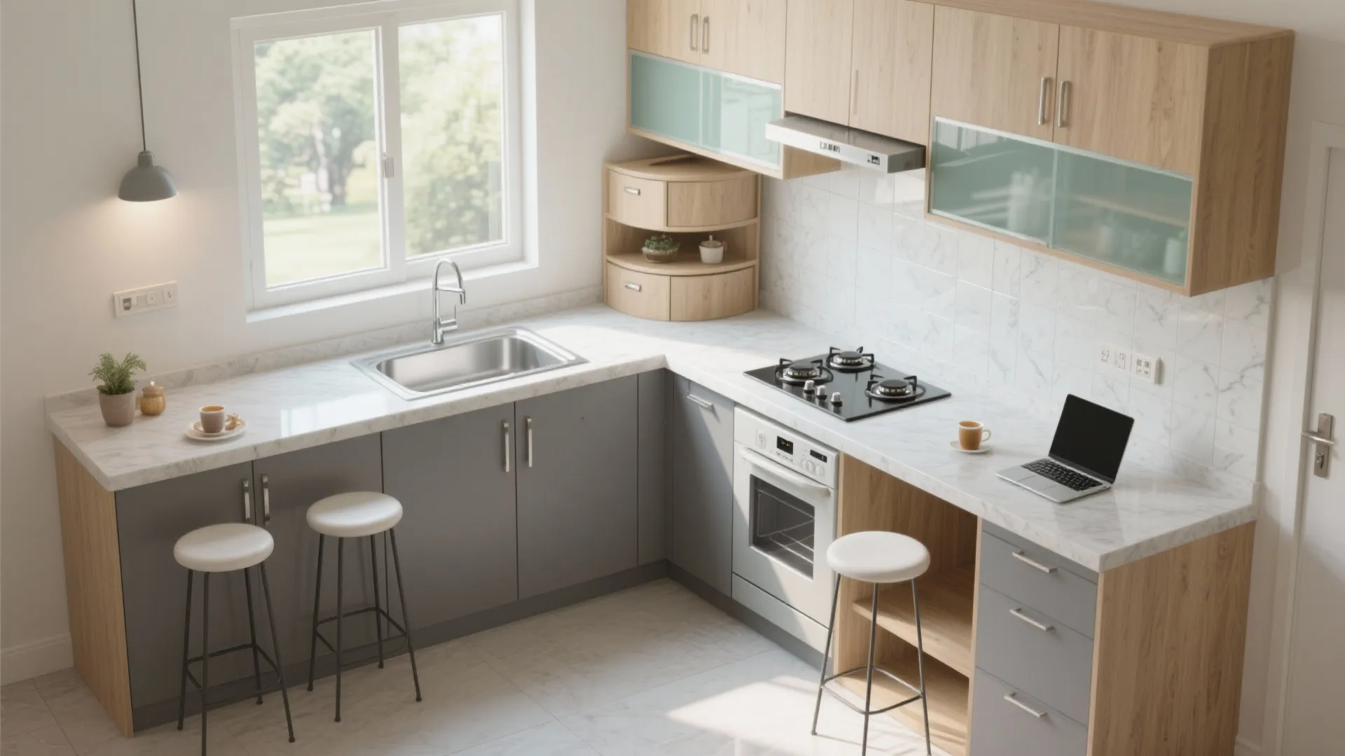 Compact L-shaped kitchen with a breakfast ledge