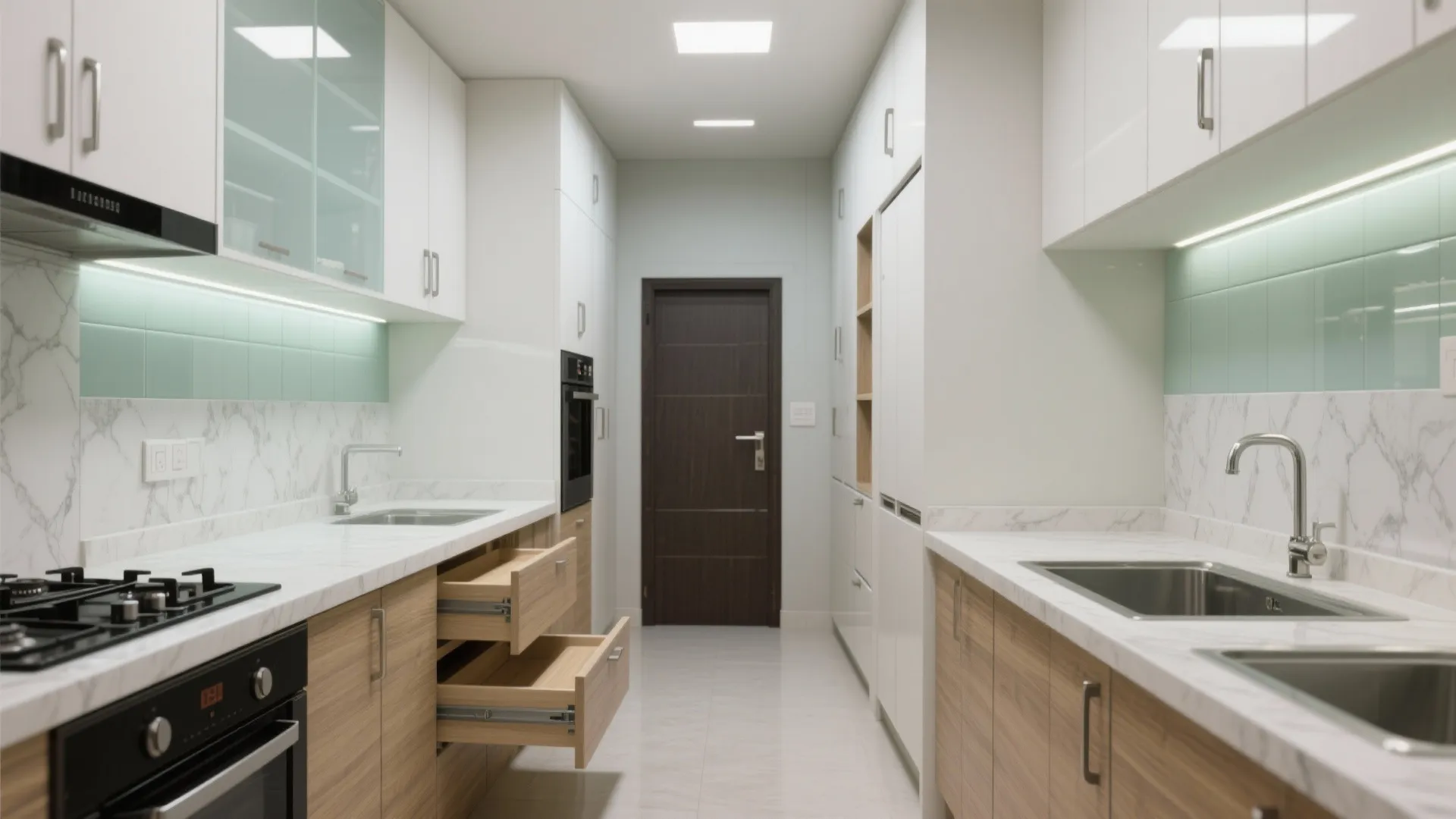 Minimalist kitchen storage with an L-shaped core and tall pantry