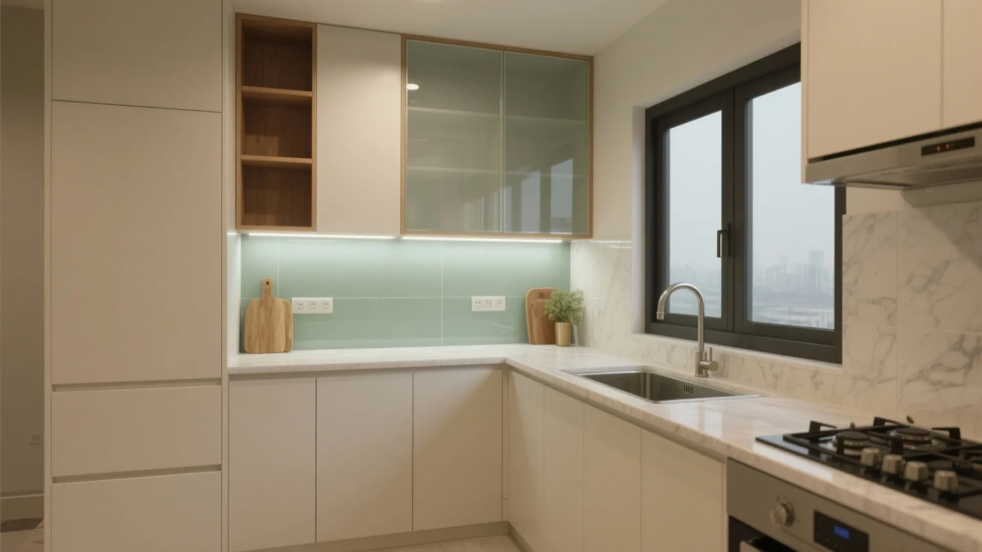 L-Shaped Kitchen With Vertical Storage and Glass Backsplash