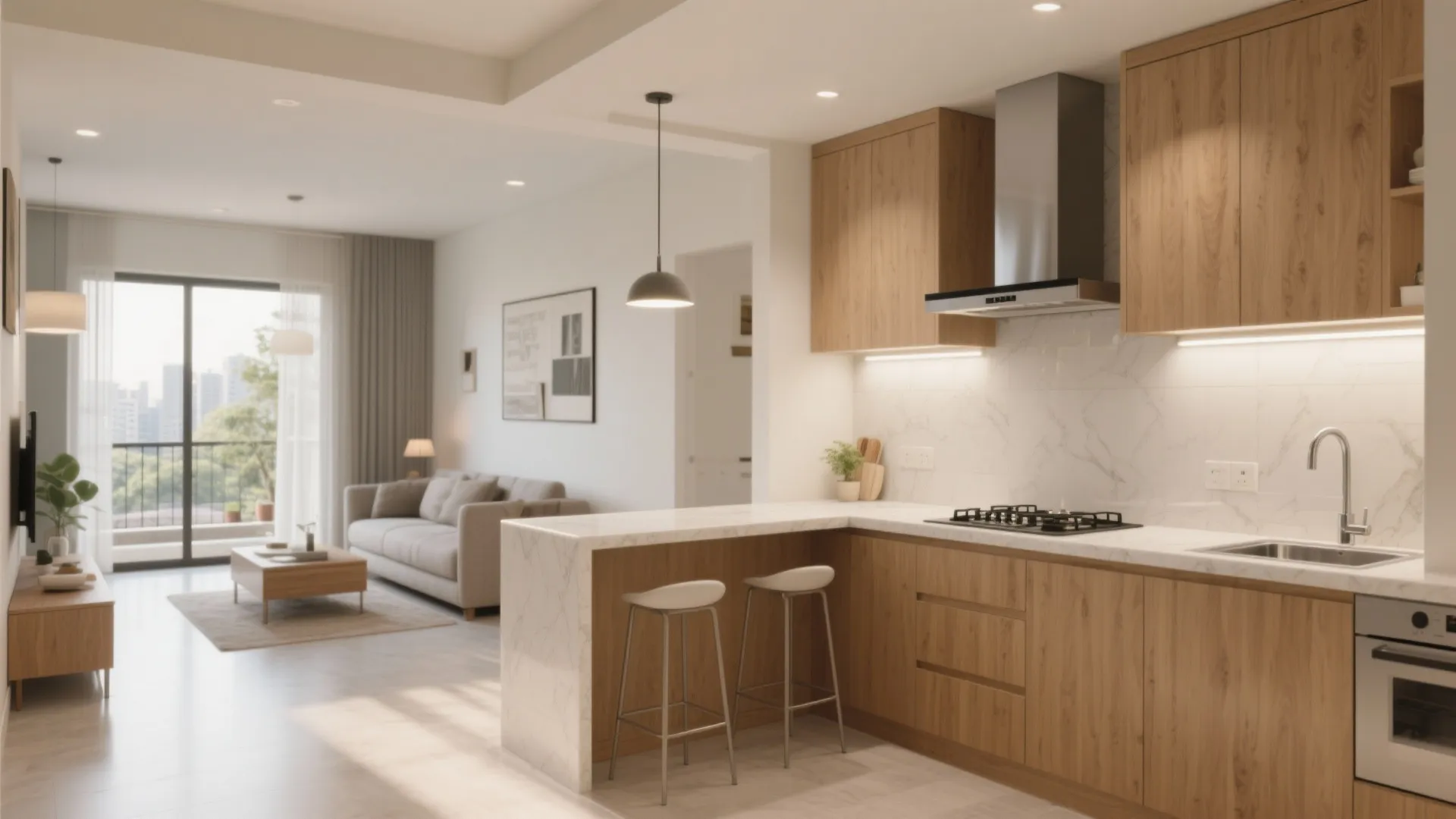 1) L-shaped Kitchen That Opens the Living Room