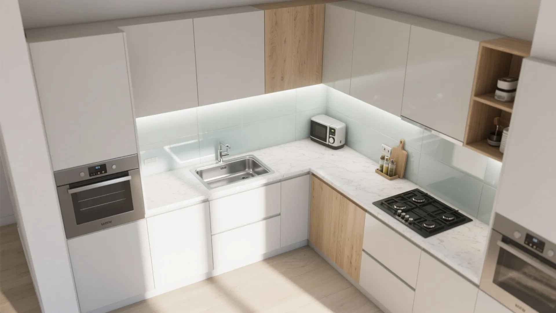 Compact L-shaped kitchen with a glass backsplash