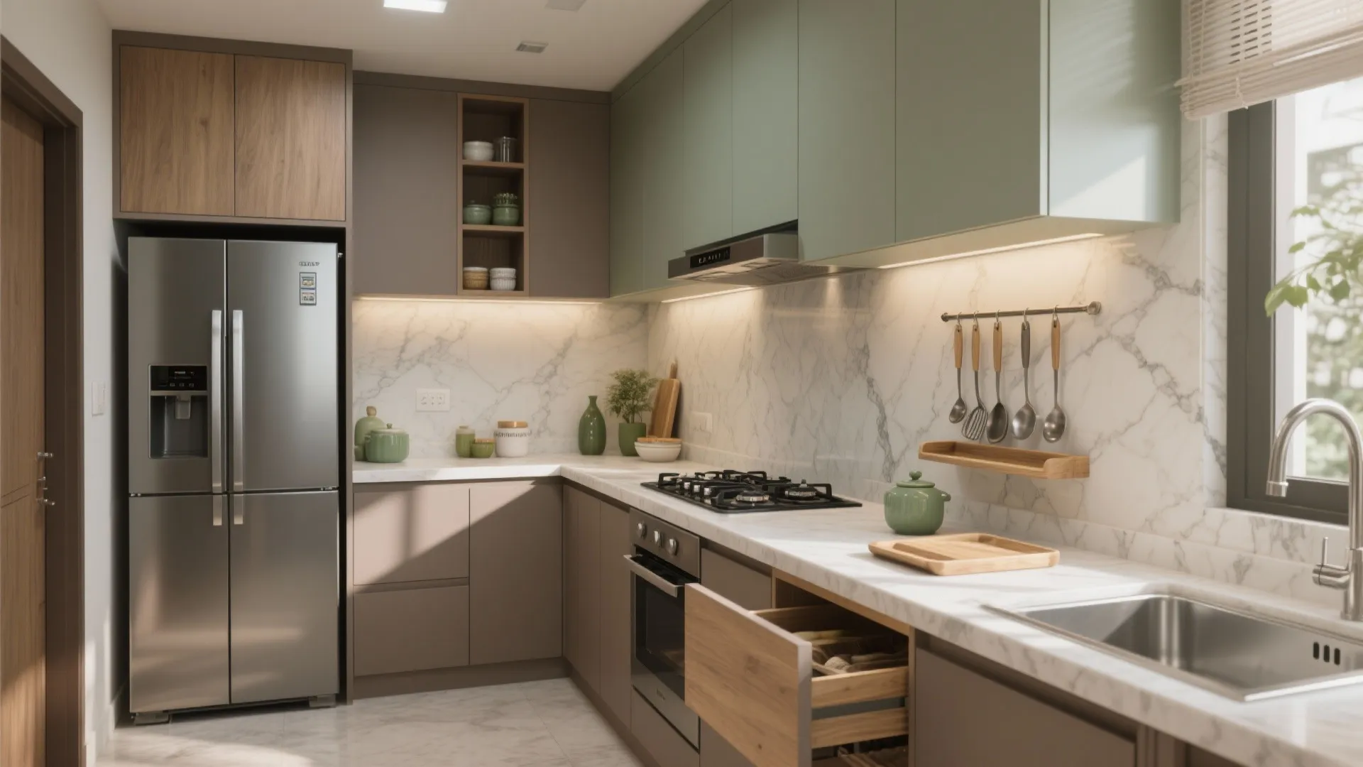 L-shaped kitchen with tall pantry and hardworking corners