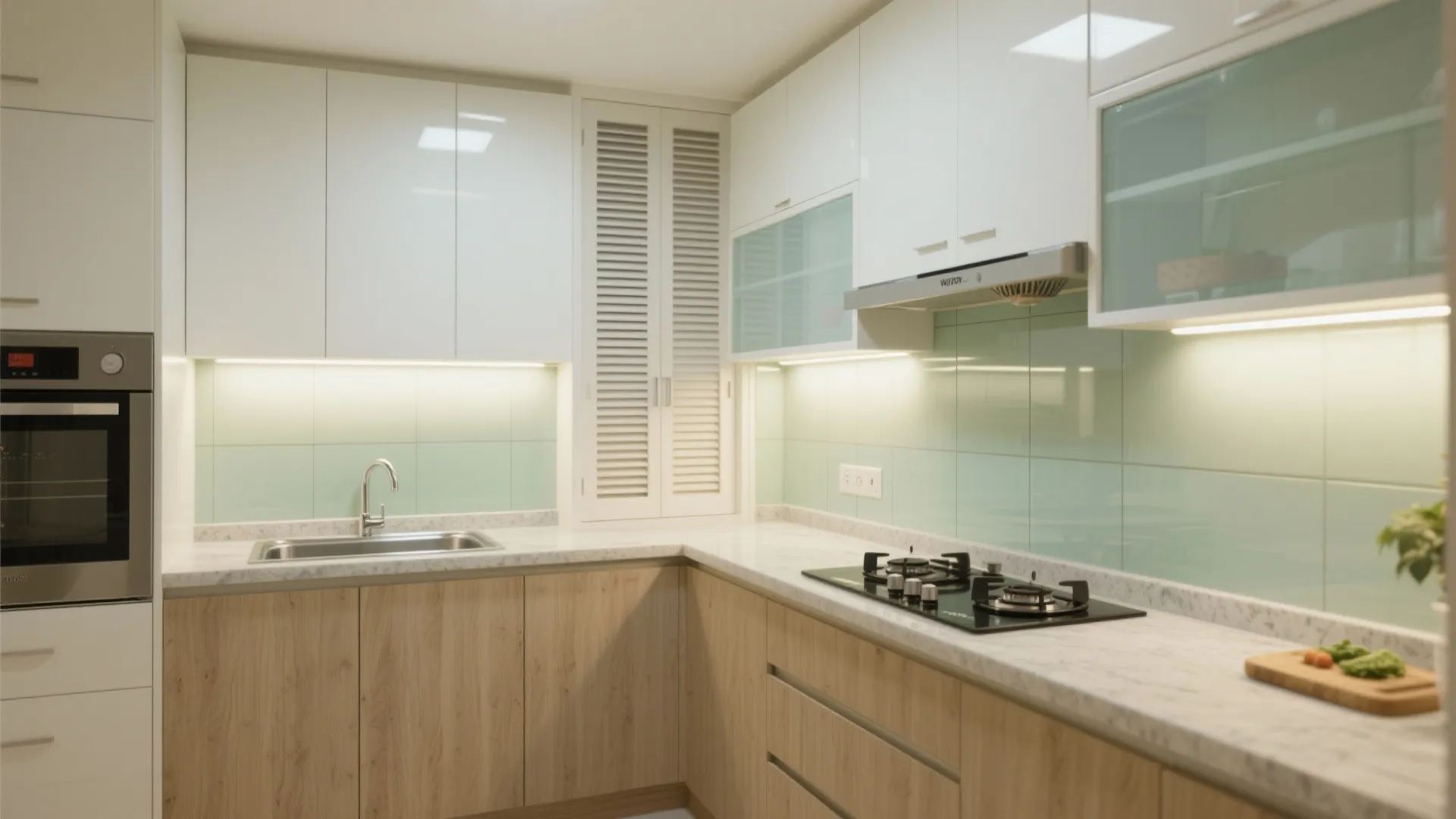 An efficient, breezy kitchen: L-shape or parallel + glass backsplash