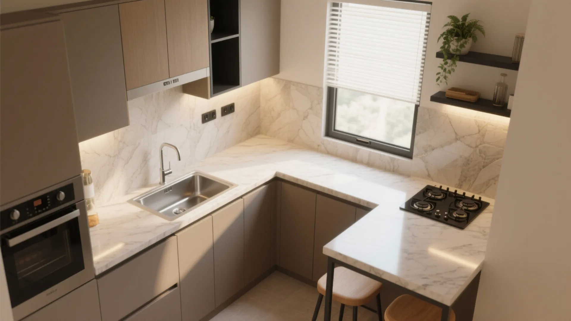 L-shaped kitchen layout that frees counter space