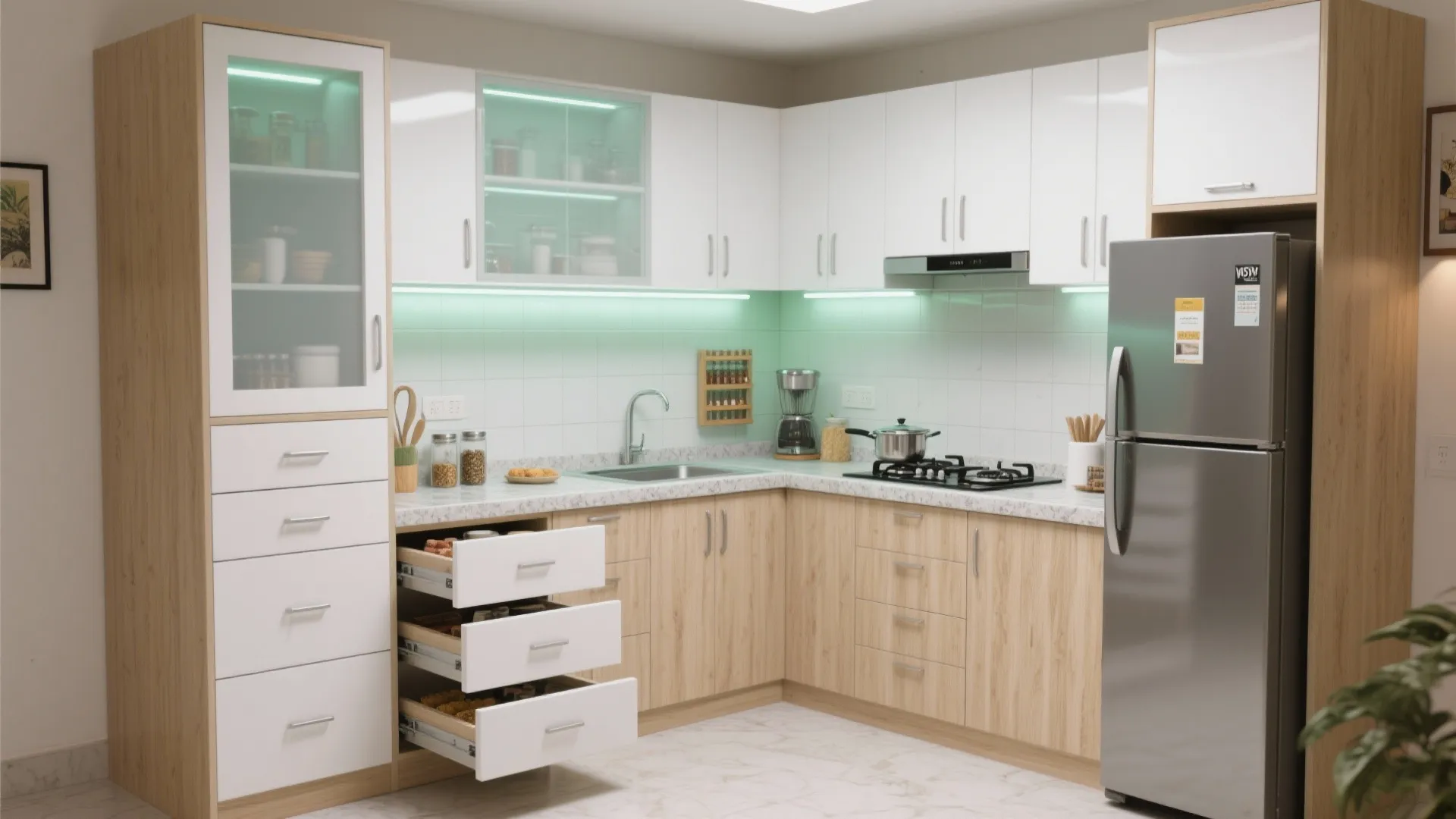 2) Minimalist kitchen storage with an L-shape