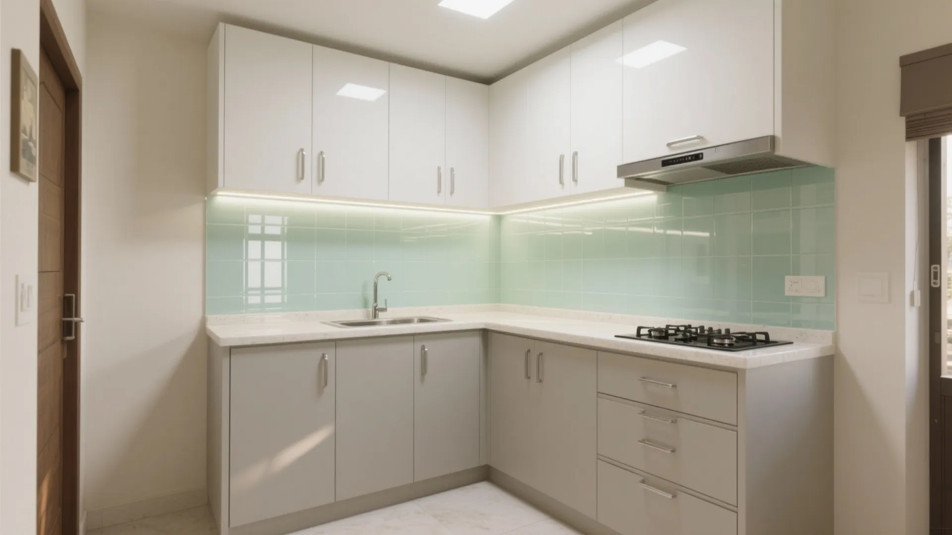 L-Shaped Small Kitchen With a Light-Reflecting Backsplash