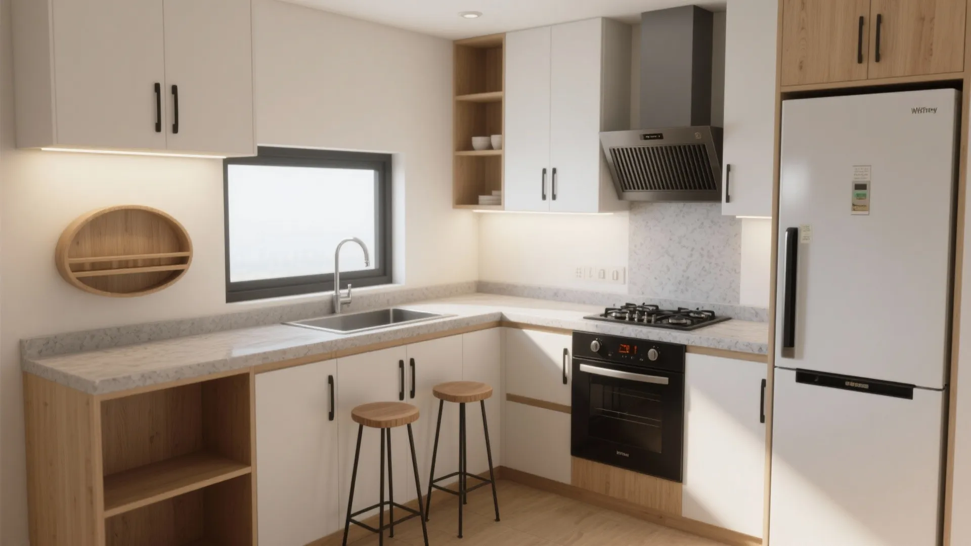 1) An L-shaped kitchen with a slim breakfast ledge