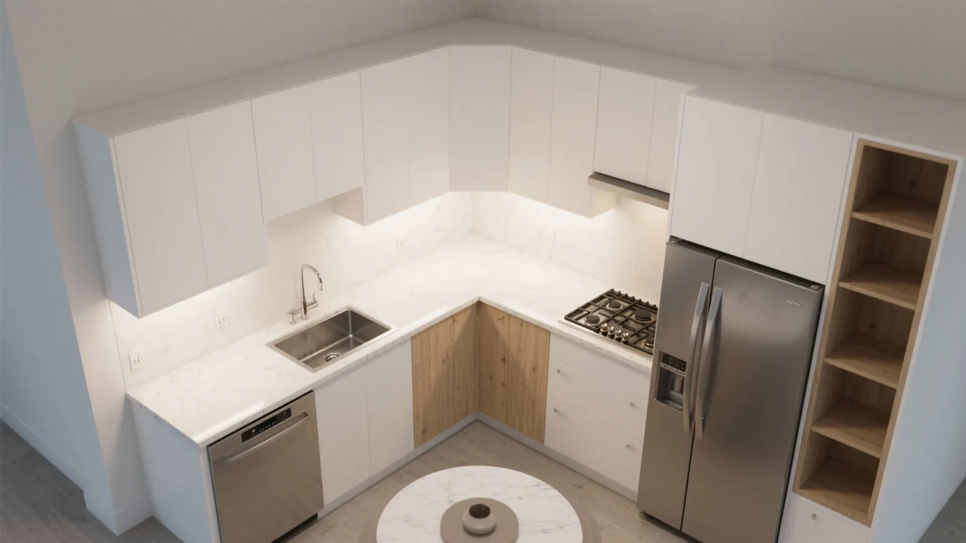 Compact L shaped kitchen design with white upper cabinets wooden lower cabinets and stainless steel fridge
