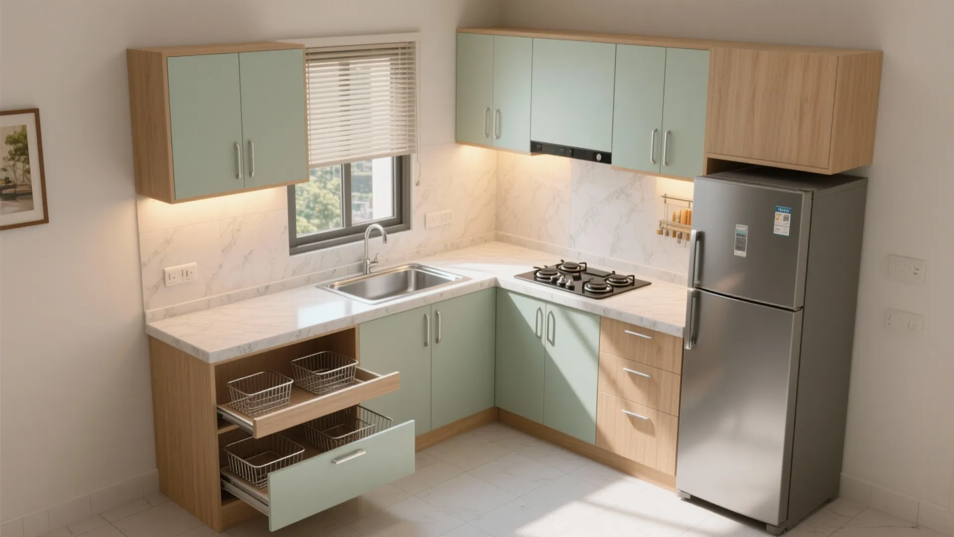 Modular L-shaped Kitchen for Narrow 1 BHKs