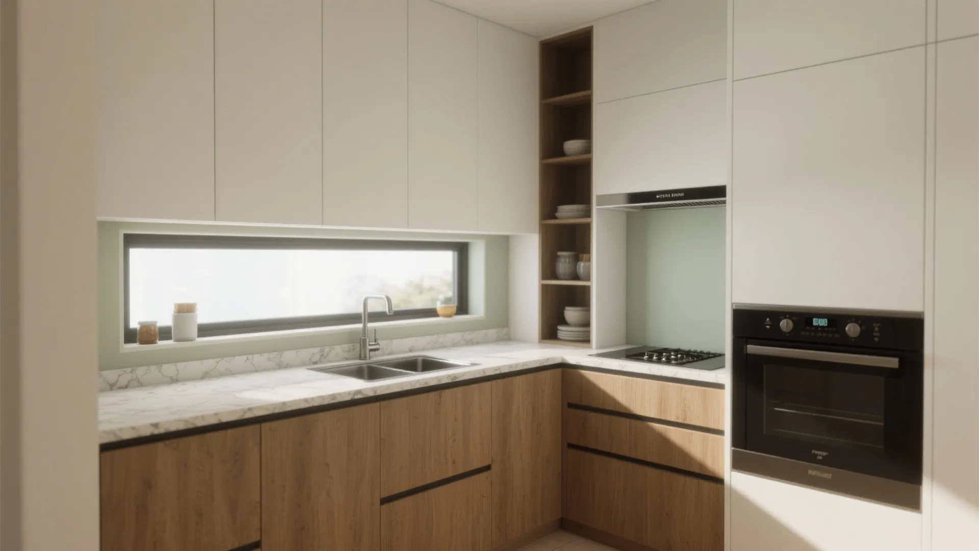 Modern kitchen with wood lower cabinets white upper cabinets marble countertop and a long window