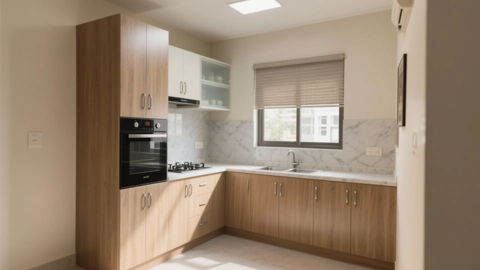 1) L-shaped micro-kitchen that cooks big