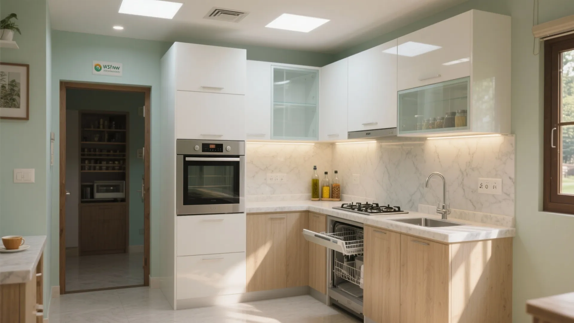 L-shaped small kitchen planning with vertical storage