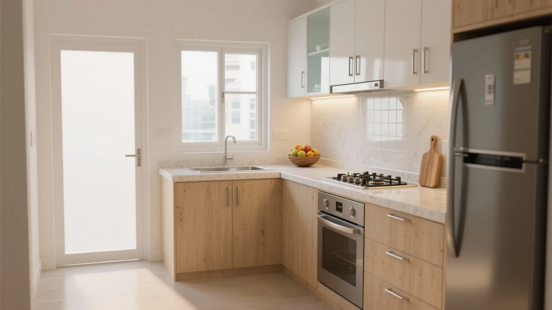 1) Small L‑Shaped Kitchen with Reflective Finishes
