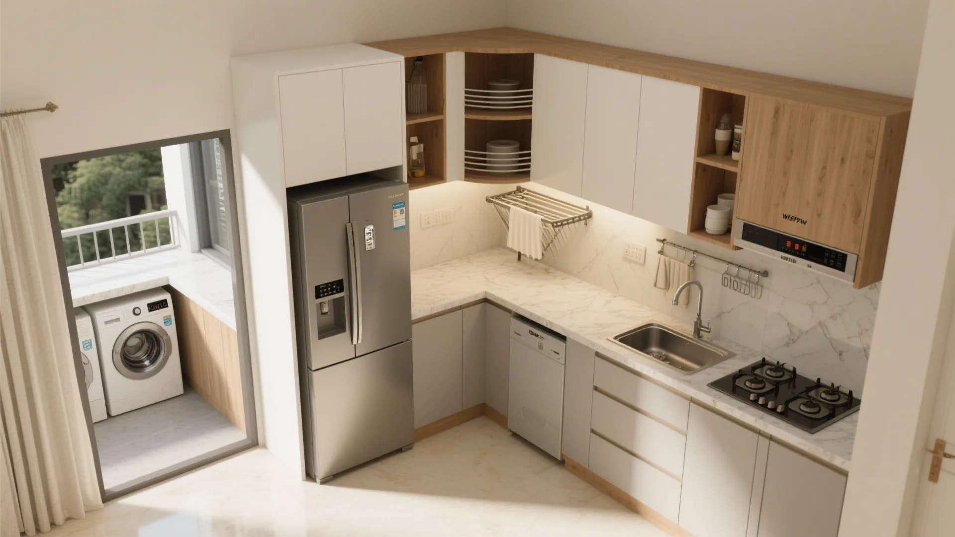 Modern L-shaped kitchen interior design with wood cabinets, marble countertop, silver refrigerator, and balcony view