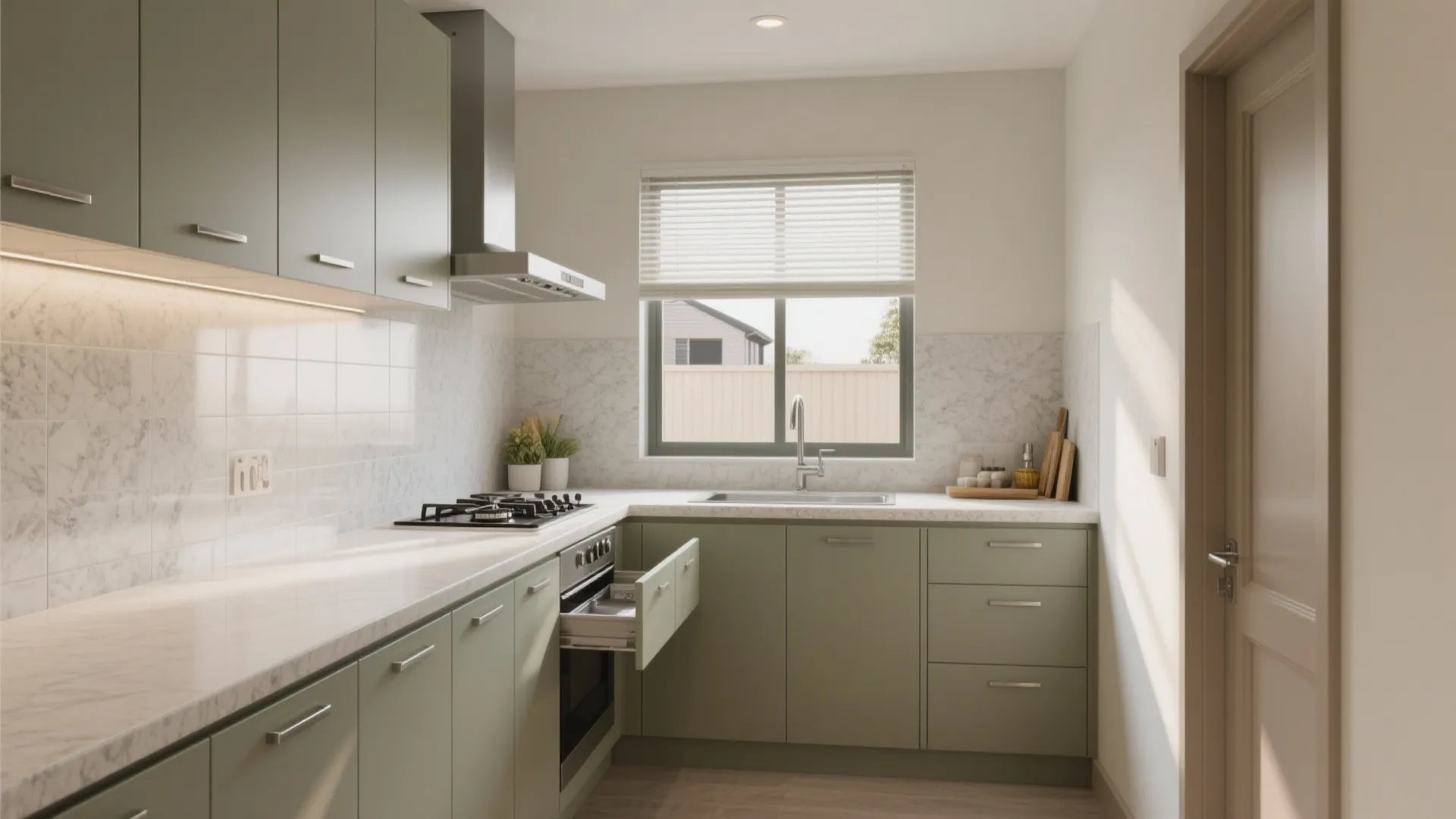 L-shaped kitchen with olive green cabinets, white marble countertop, open drawer, and small window view