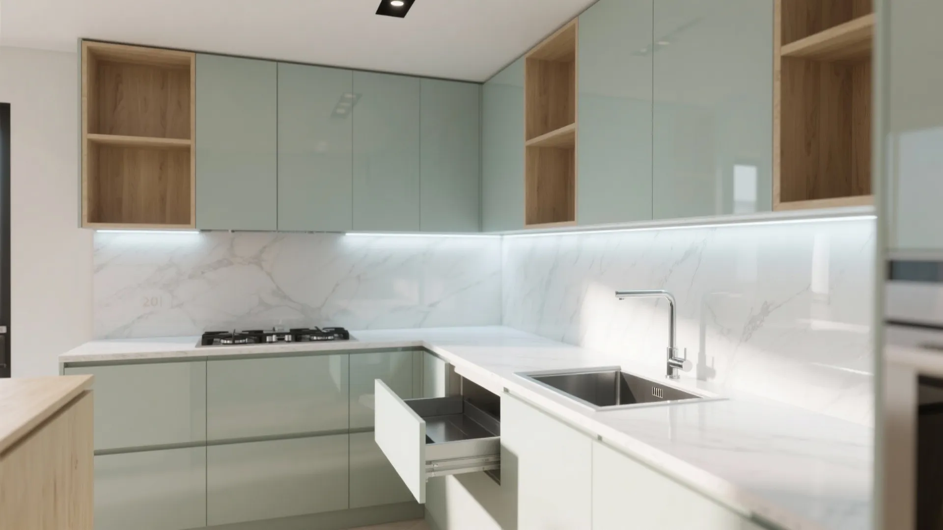 Compact L-shaped kitchen with vertical storage and a reflective backsplash