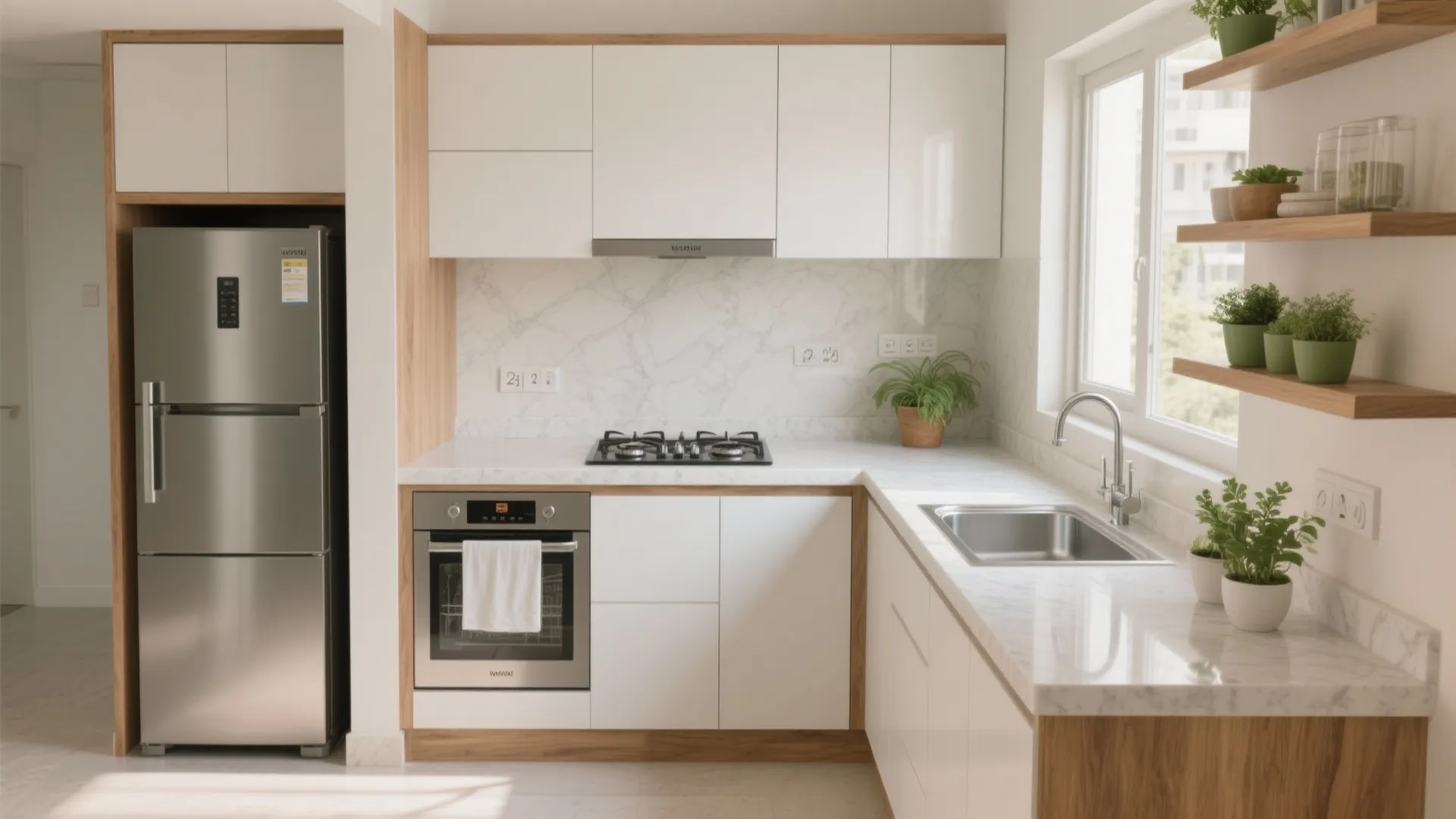 Modern white kitchen featuring marble countertop with silver fridge oven and small green potted plants