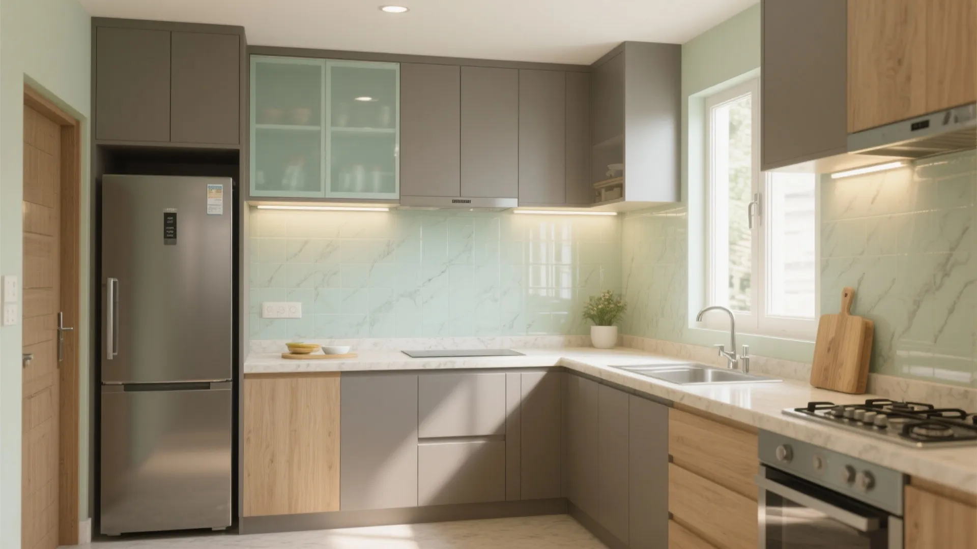 Smart L-Shaped Kitchen With a Light-Boosting Backsplash