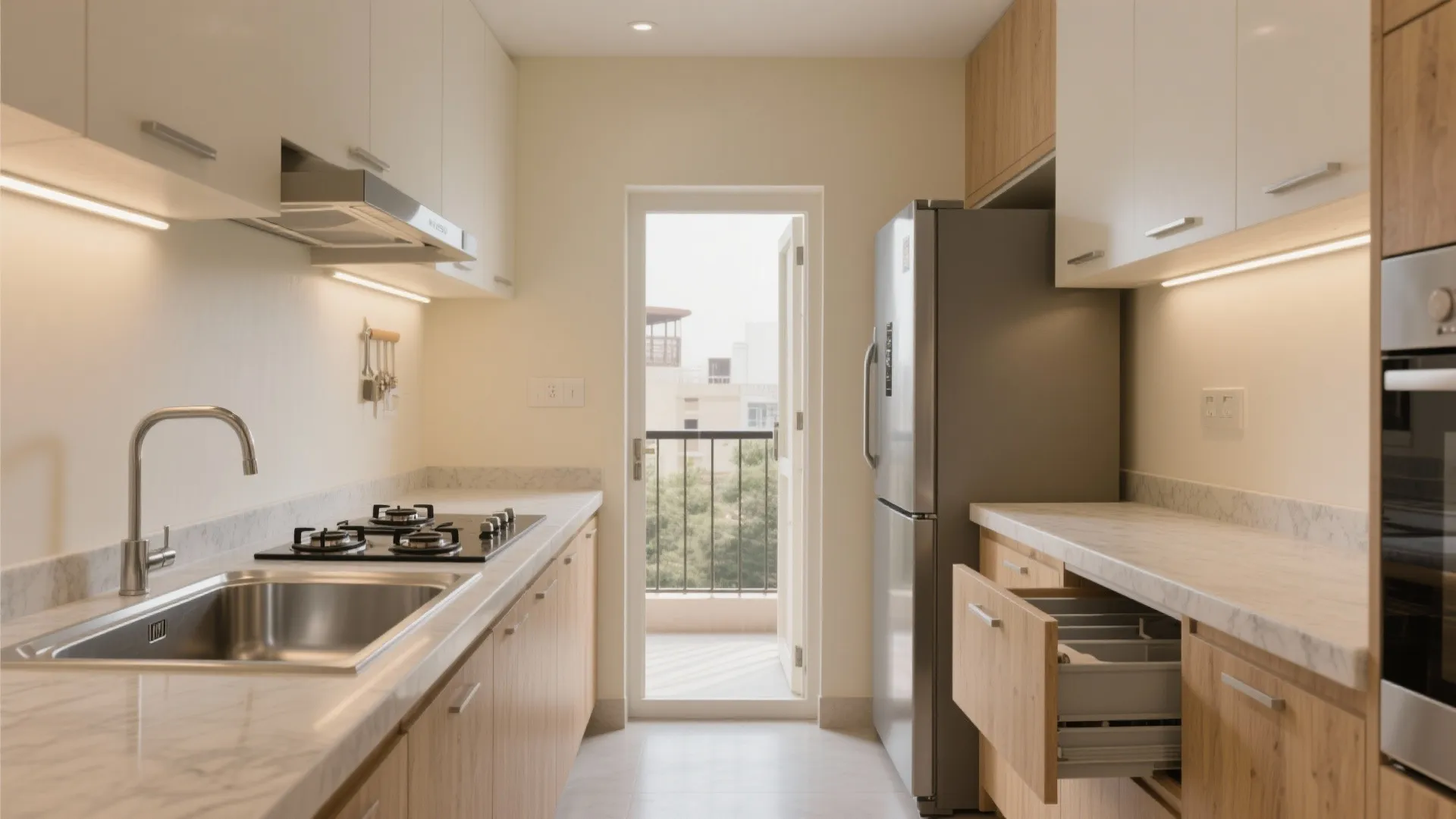 L-Shaped Kitchen That Plays Nice With the Utility Balcony