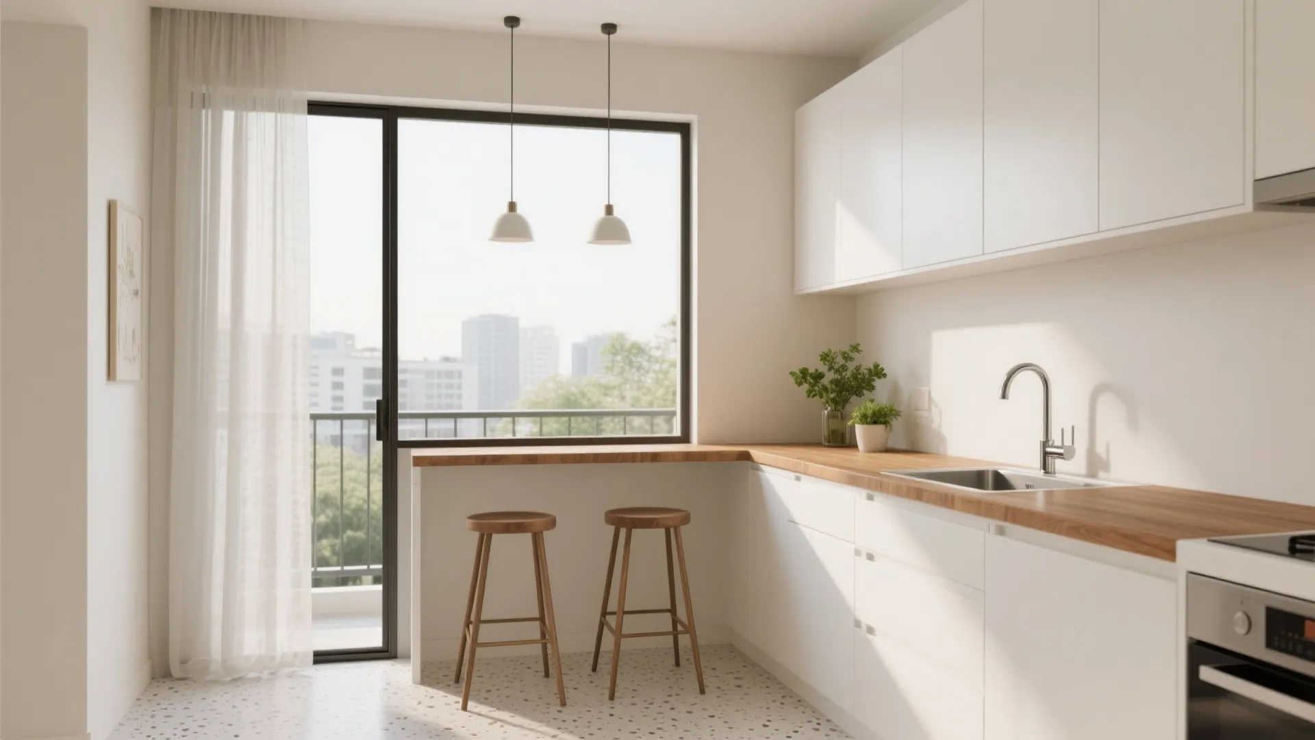 Compact L-Shaped Kitchen Opening to the Balcony